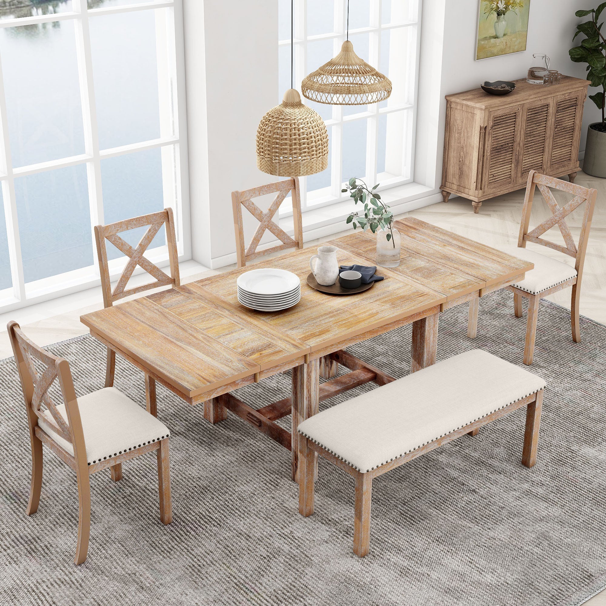 TOPMAX Farmhouse 82inch 6-Piece Extendable Dining Table with Footrest, 4 Upholstered Dining Chairs and Dining Bench, Two 11"Removable Leaf, Natural+Beige Cushion