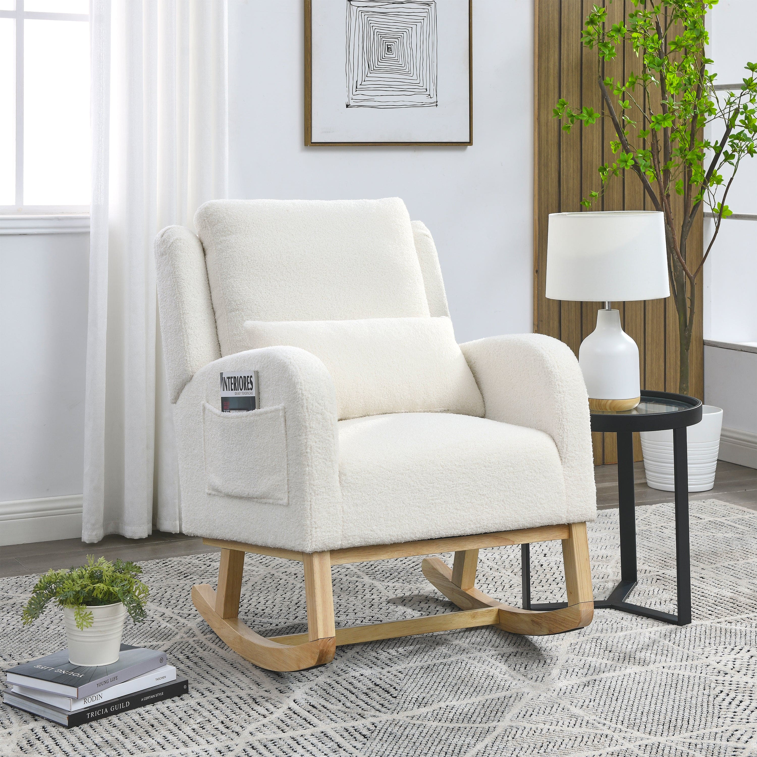 [Video] Welike 27.5 "W Modern Accent High Back Living Room Casual Armchair Rocker with One Lumbar Pillow, Two Side Pockets,Teddy White (Ivory)