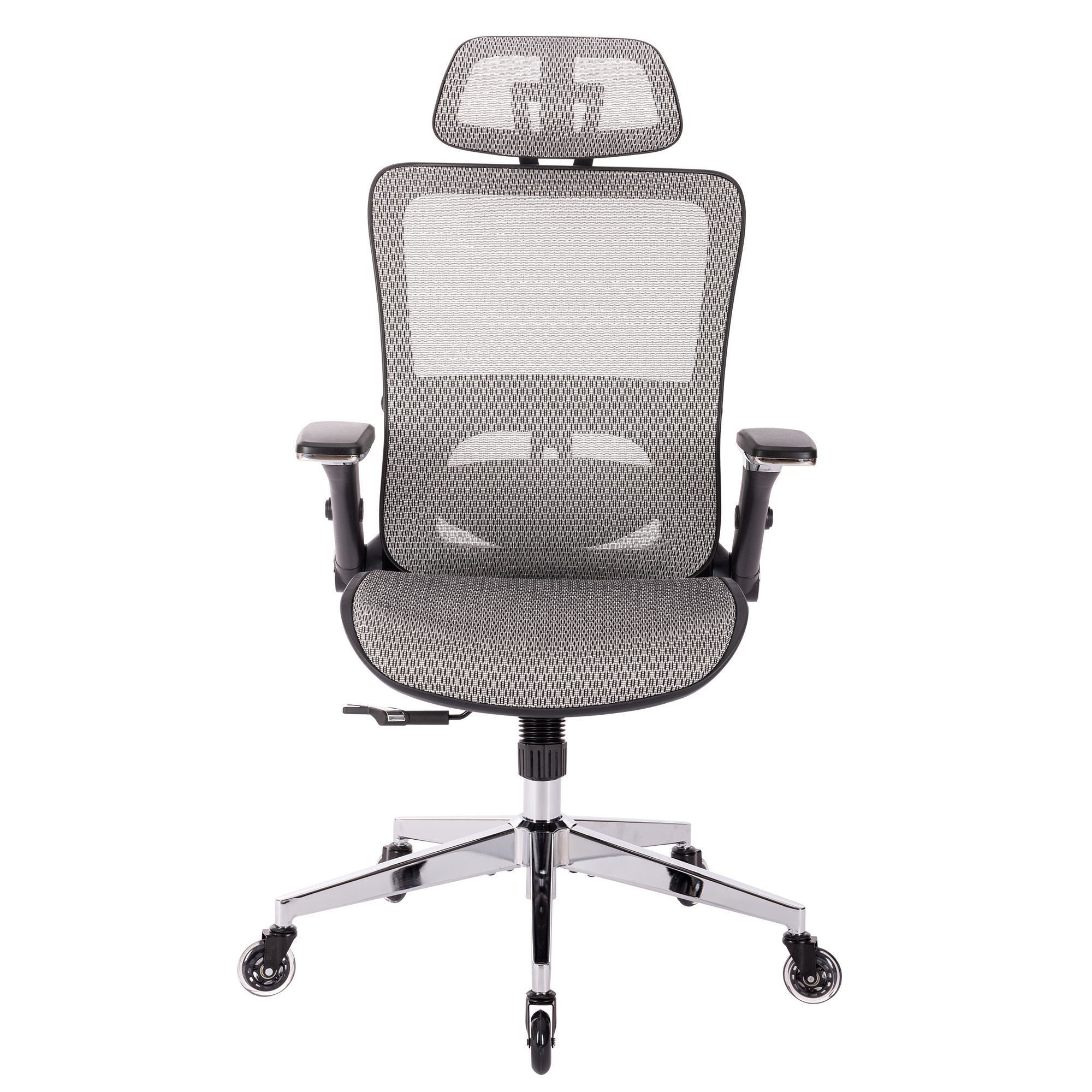 GREY Ergonomic Mesh Office Chair, High Back - Adjustable Headrest with Flip-Up Arms, Tilt and lock Function, Lumbar Support and blade Wheels, KD chrome metal legs