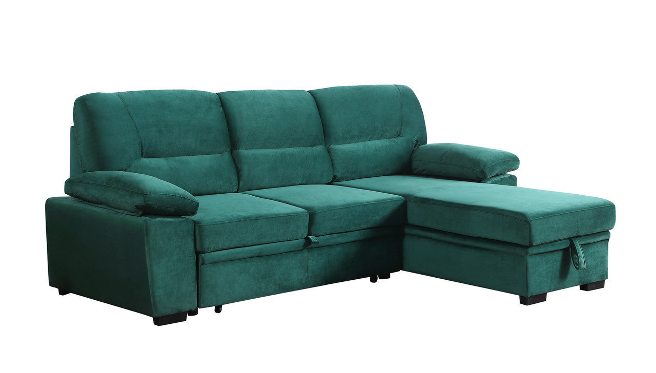 Kipling Green Velvet Fabric Reversible Sleeper Sectional Sofa Chaise