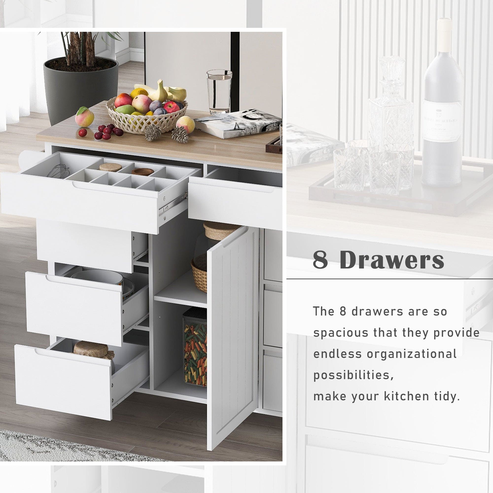 K&K Store Kitchen Cart with Rubber Wood Countertop , Kitchen Island has 8 Handle-Free Drawers Including a Flatware Organizer and 5 Wheels for Kitchen Dinning Room, White