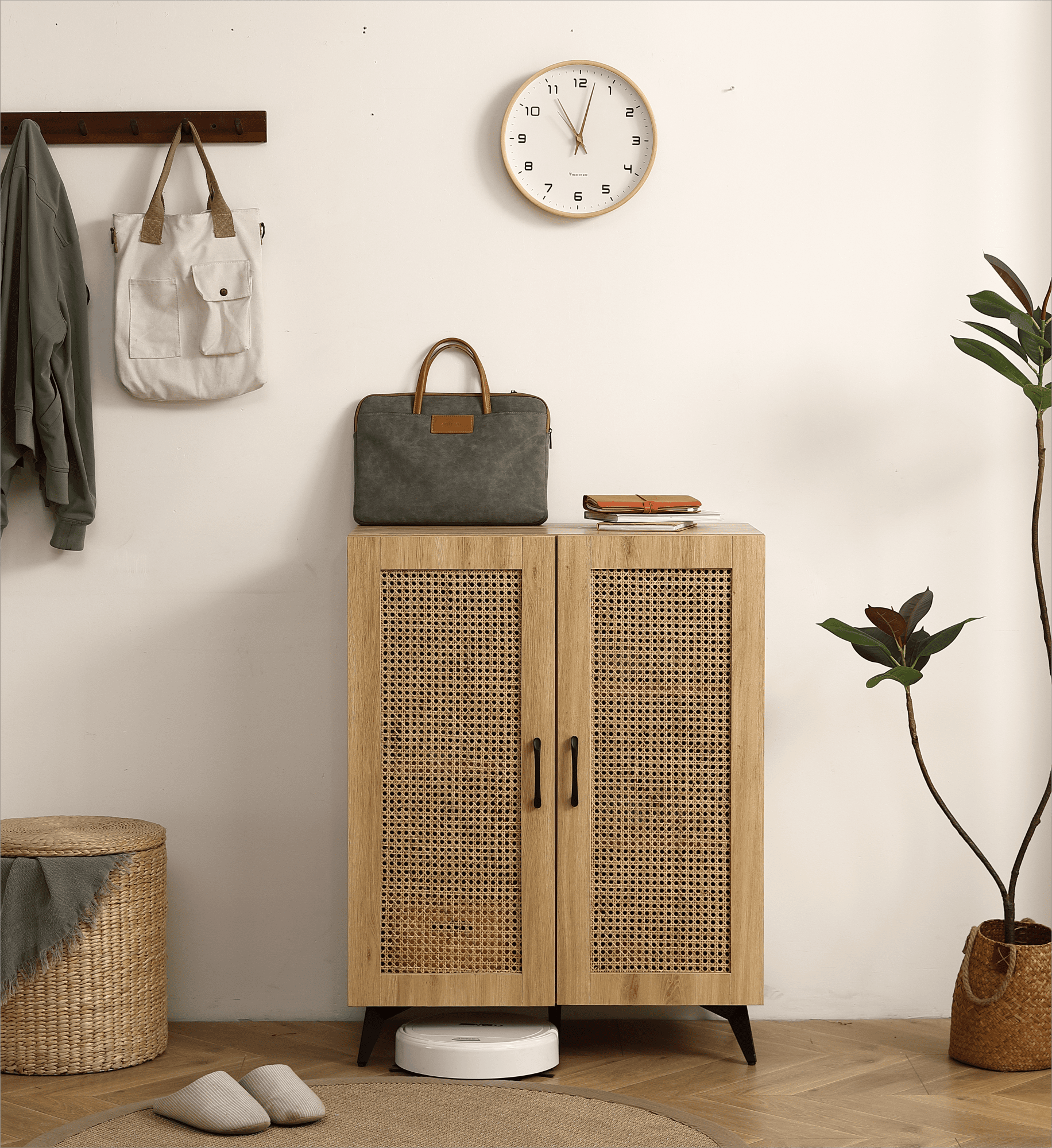 Natural Rattan Storage Cabinet Double-Door Shoe Cabinet with Large Storage Space and Durable Structure 29.5inch