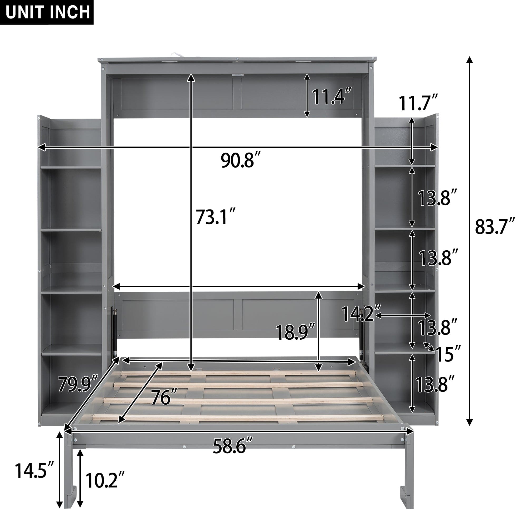 Full Size Murphy Bed Wall Bed with Shelves and LED Lights,Gray