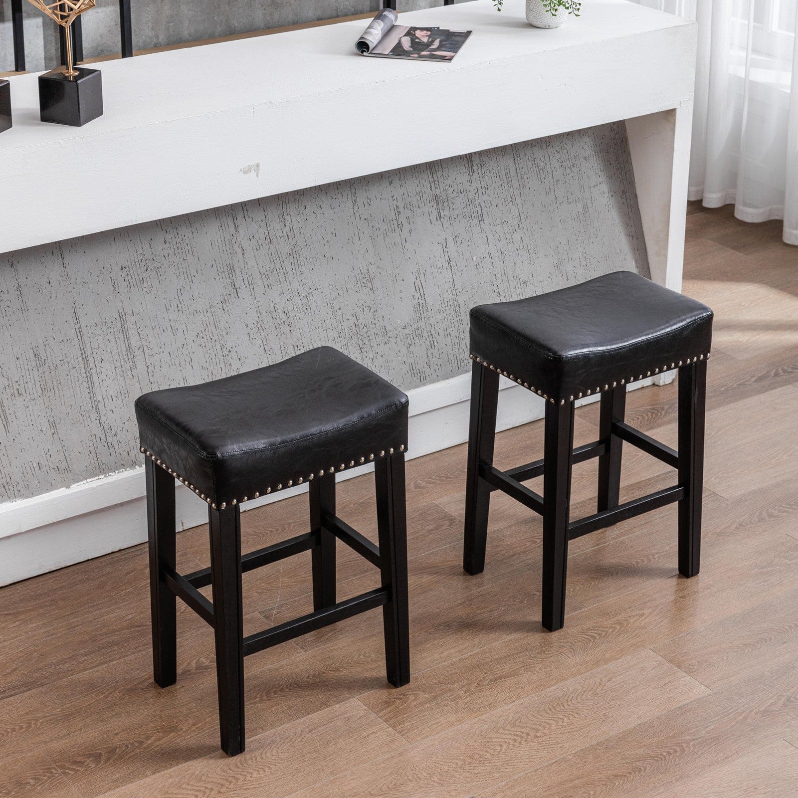 A&A Furniture,Counter Height 26" Bar Stools for Kitchen Counter Backless  Faux Leather Stools Farmhouse Island Chairs (26 Inch, Black, Set of 2)