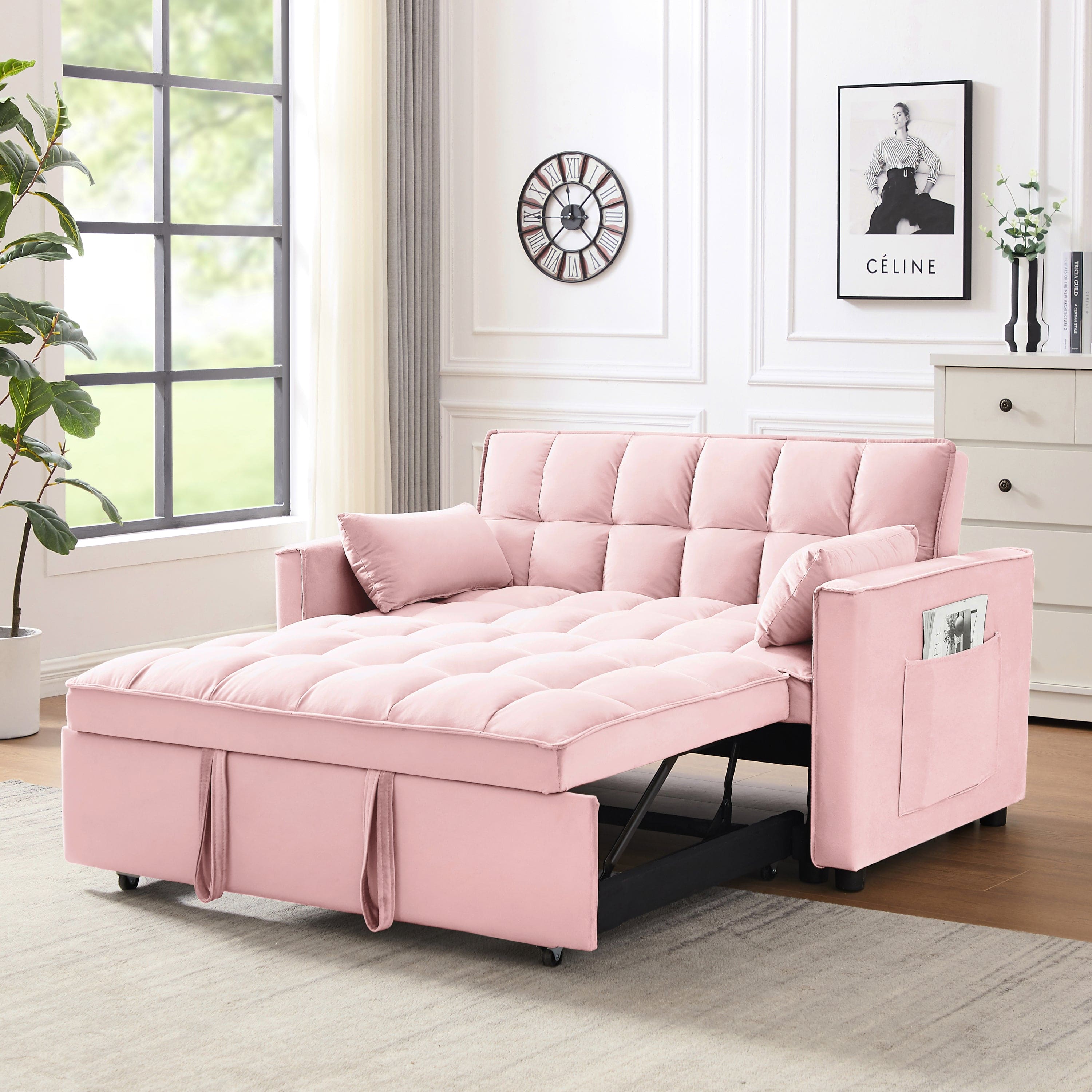 Modern Velvet Loveseat Futon Sofa Couch w/Pullout Bed, Small Love Seat Lounge Sofa w/Reclining Backrest, Toss Pillows, Pockets, Furniture for Living Room,3 in 1 Convertible Sleeper Sofa Bed,  pink