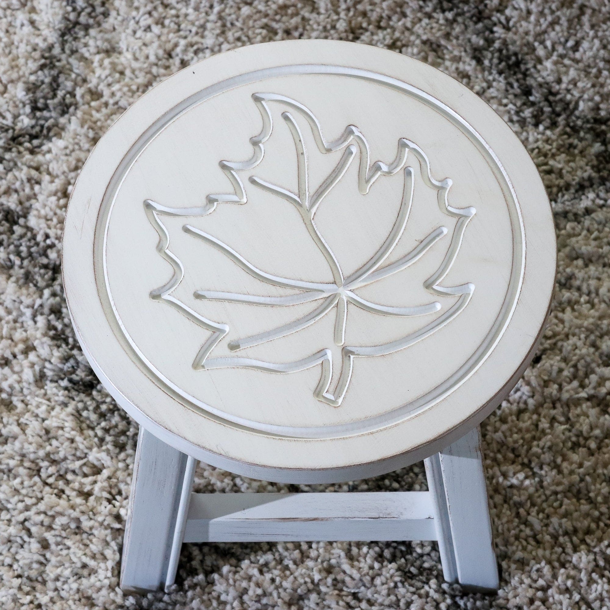 Carved Wooden Step Stool, Maple Leaf,  Antique White