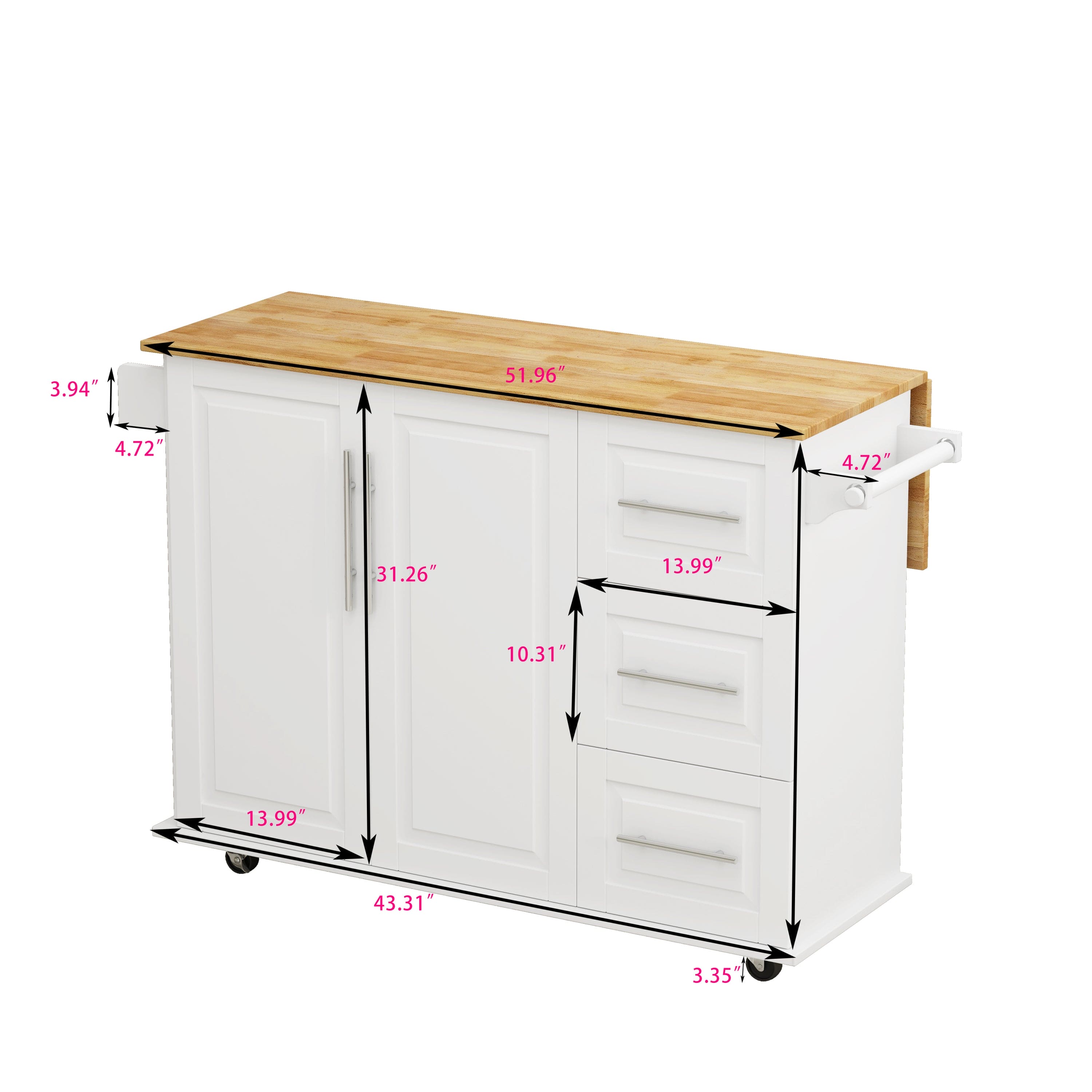 Kitchen Island Cart with 2 Door Cabinet and Three Drawers,43.31 Inch Width with Spice Rack,Towel Rack (White)