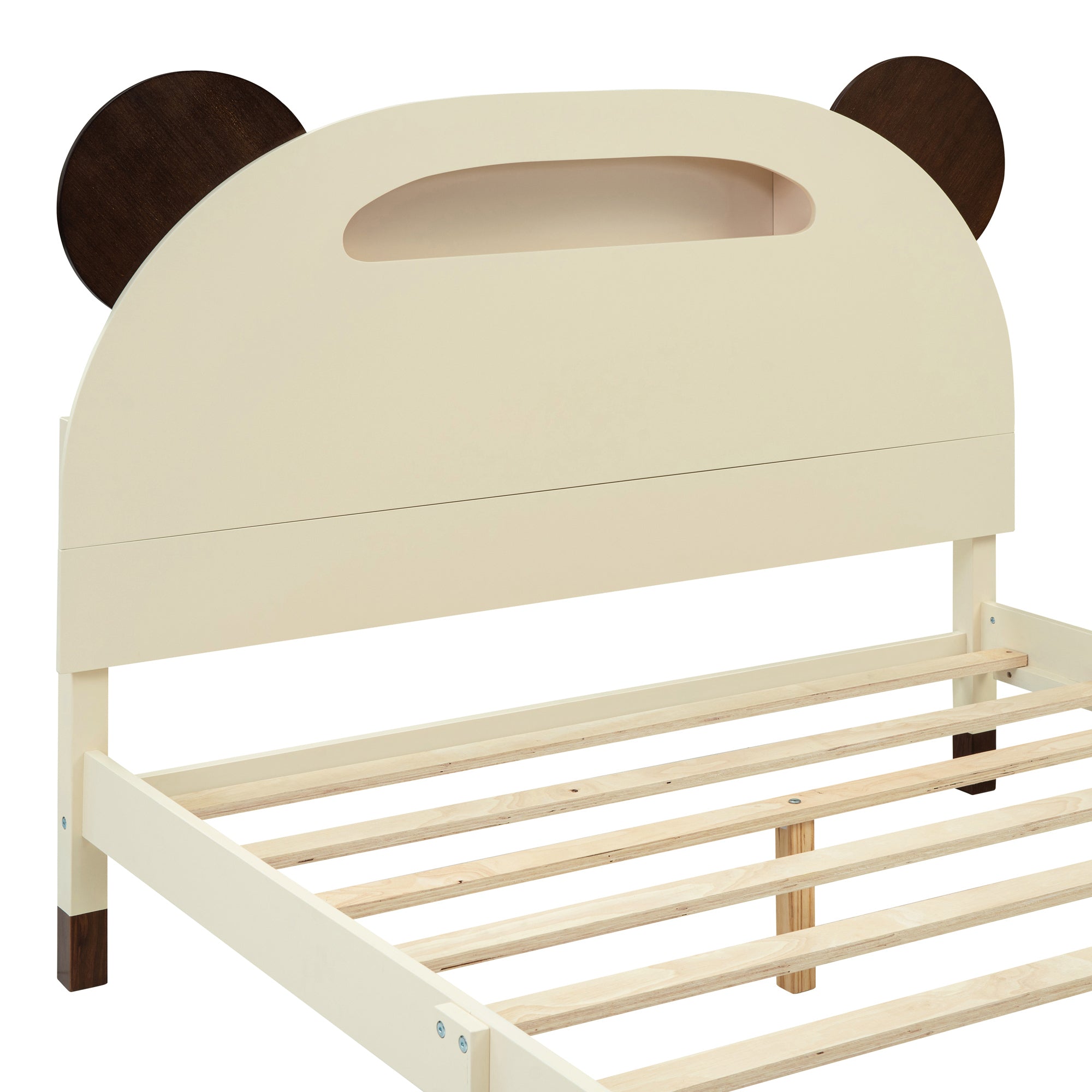 3-Pieces Bedroom Sets Full Size Bear-Shape Platform Bed with Nightstand and Storage dresser,Cream+Walnut