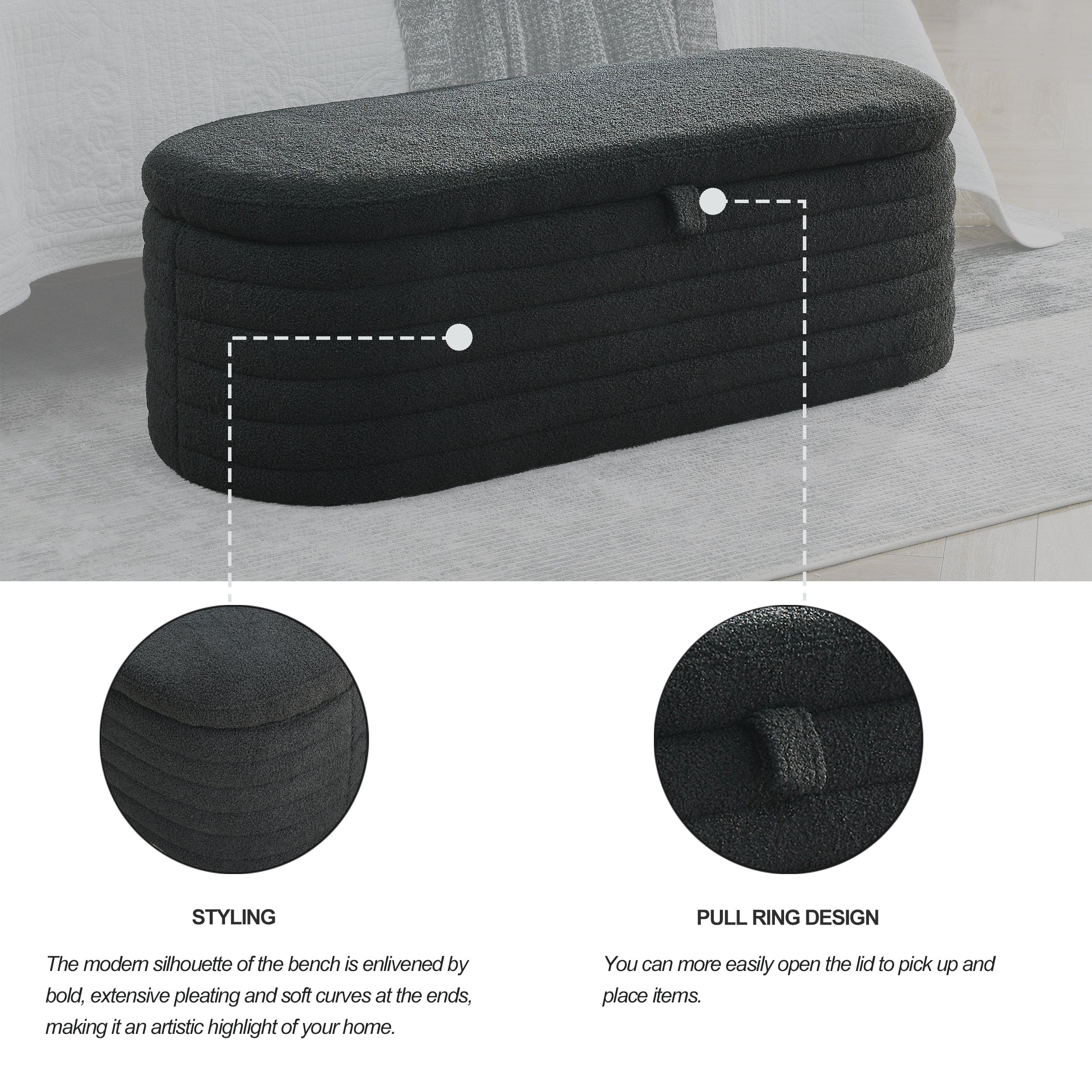 [Video] Welike Length 45.5 inchesStorage Ottoman Bench Upholstered Fabric Storage Bench End of Bed Stool with Safety Hinge for Bedroom, Living Room, Entryway, Black teddy.