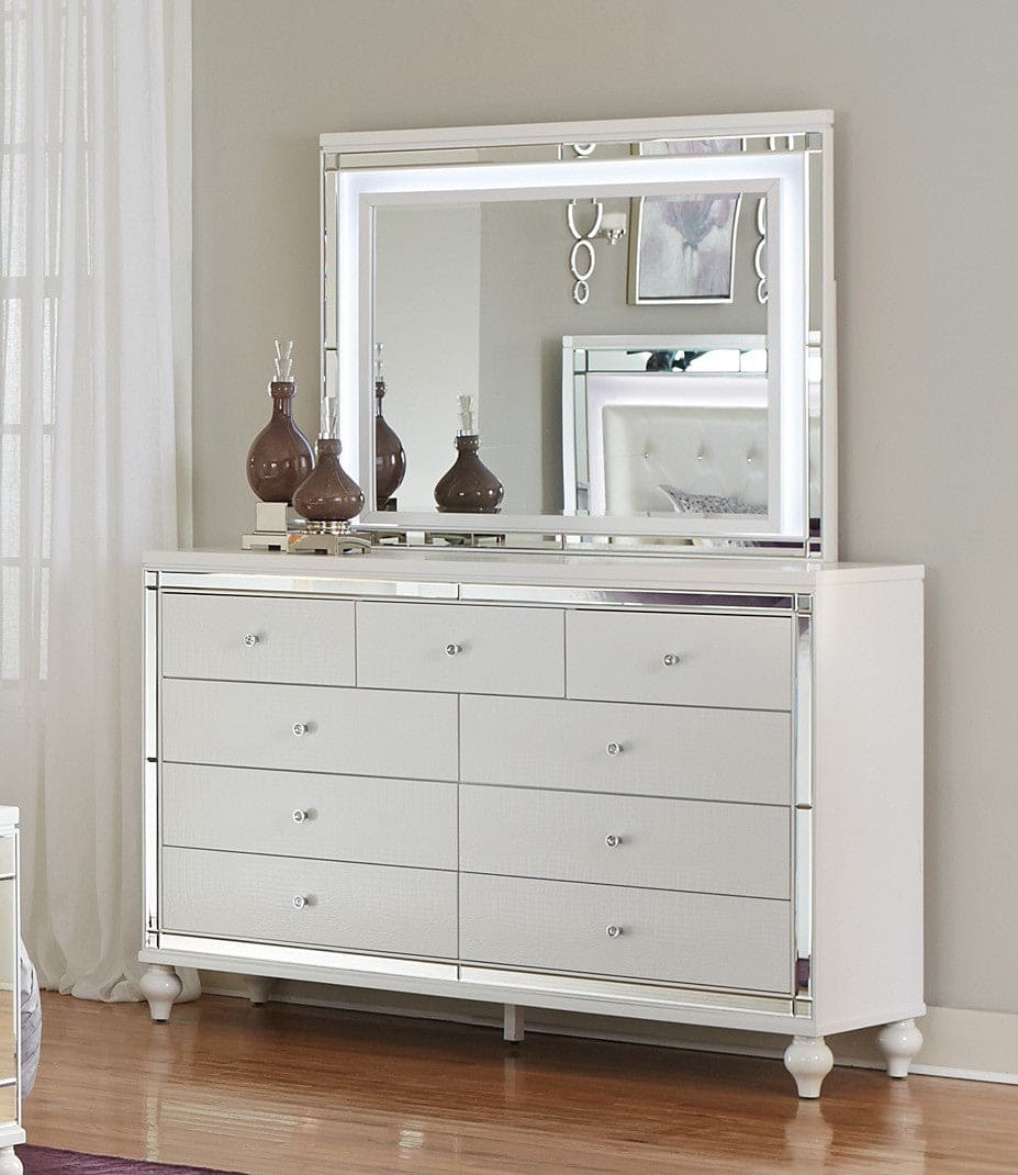 Glamorous Metallic White Finish Dresser of 9x Drawers Faux Crystal Knobs Modern Bedroom Furniture