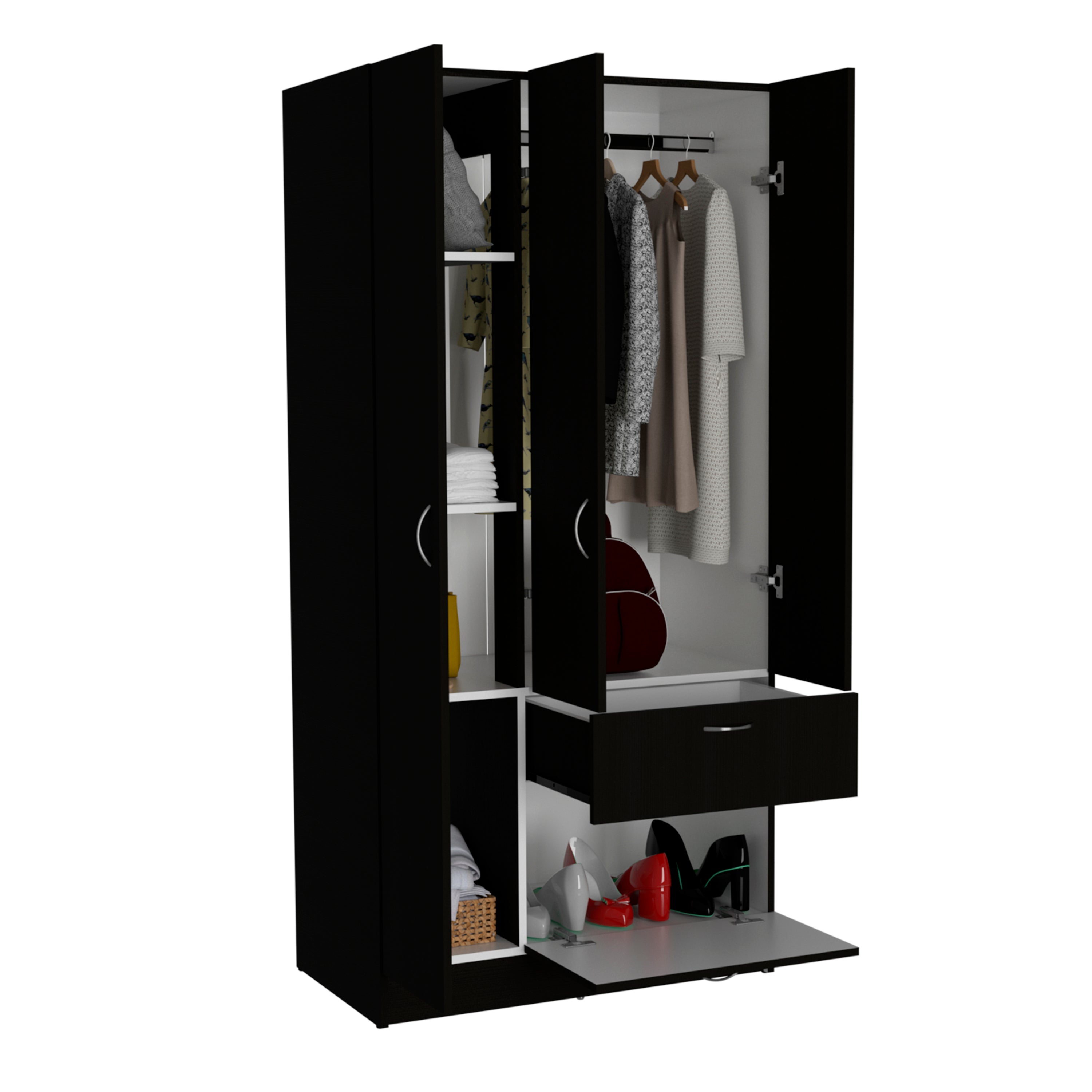 Primavera Armoire, Double Door Cabinets, One Drawer, Metal Rod, Five Shelves -Black / White