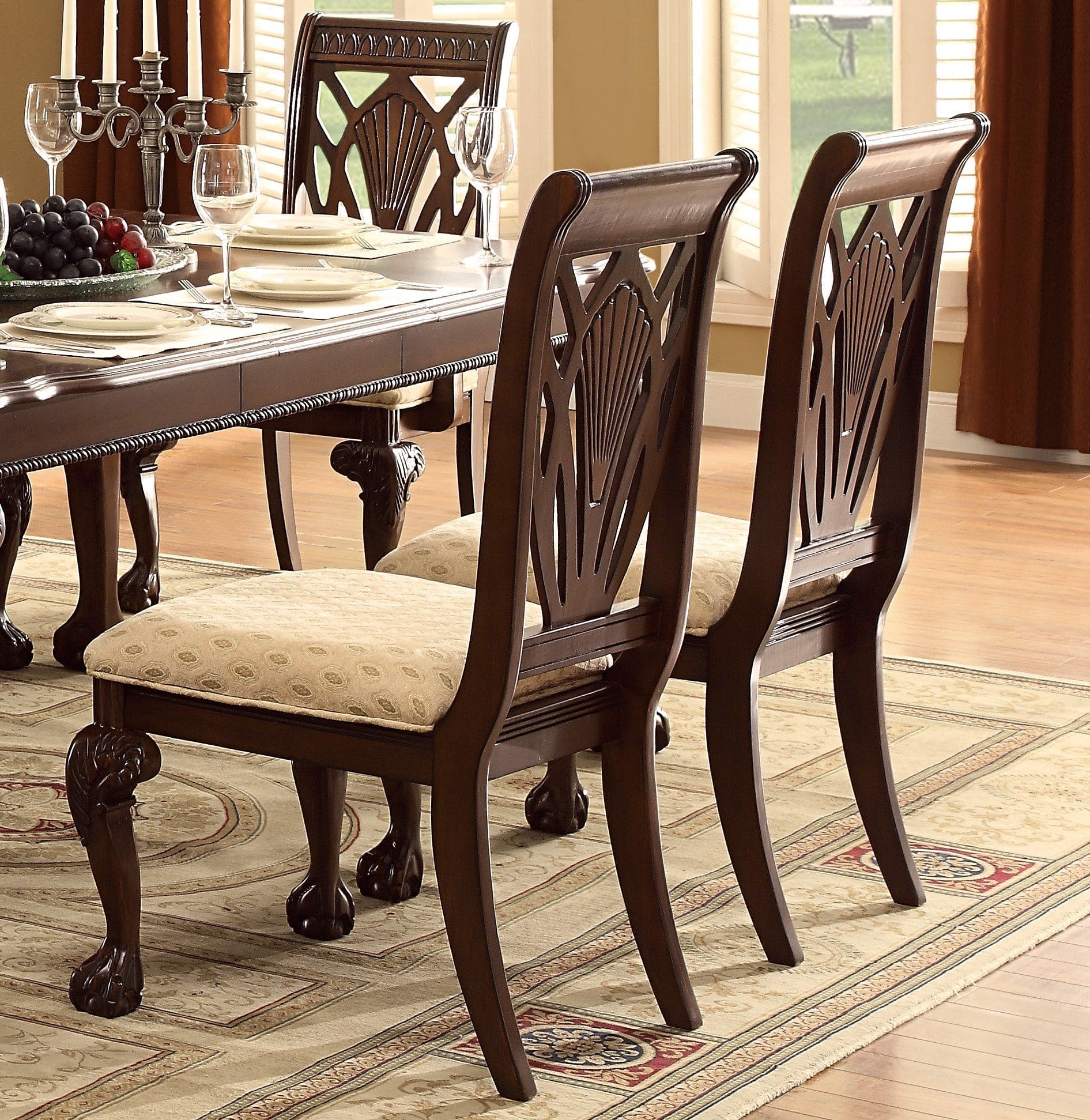 Elegant Design Traditional Side Chairs 2pc Set Dark Cherry Finish Brown Fabric Seats Dining Furniture