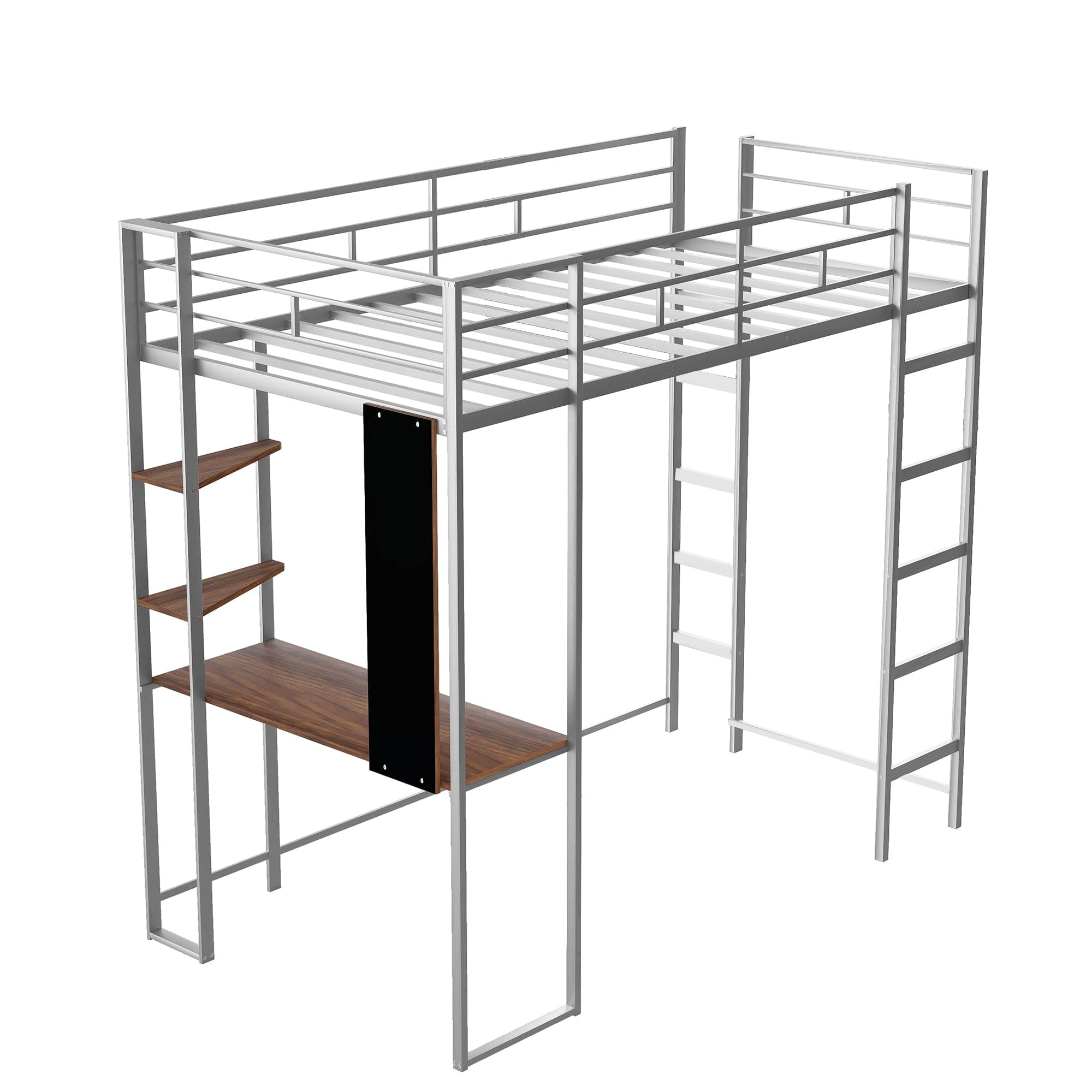 Twin Metal Loft Bed with 2 Shelves and one Desk ,Silver(Old SKU: MF281206AAN)