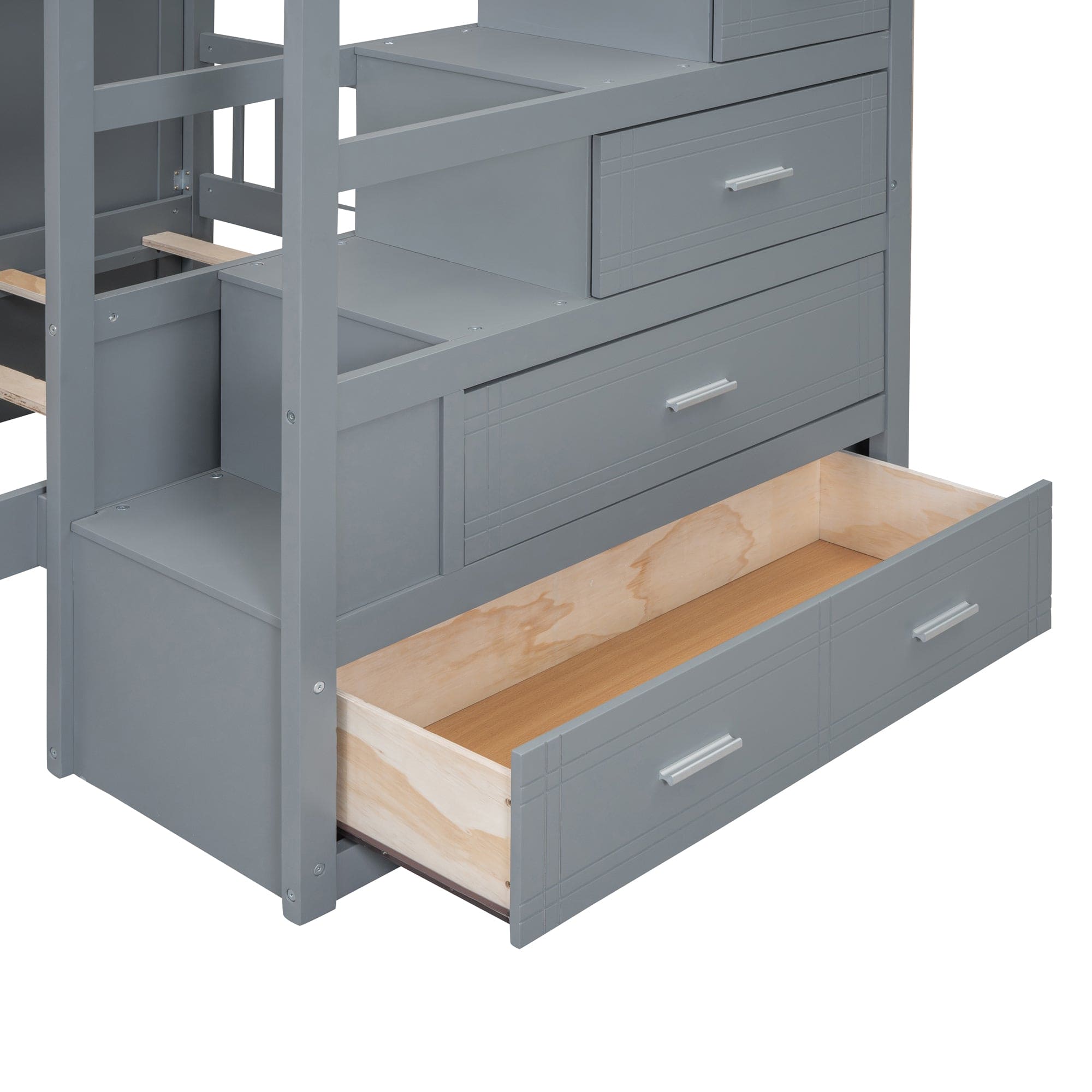 Full Over Twin Bunk Bed with Wardrobe, Drawers, Gray