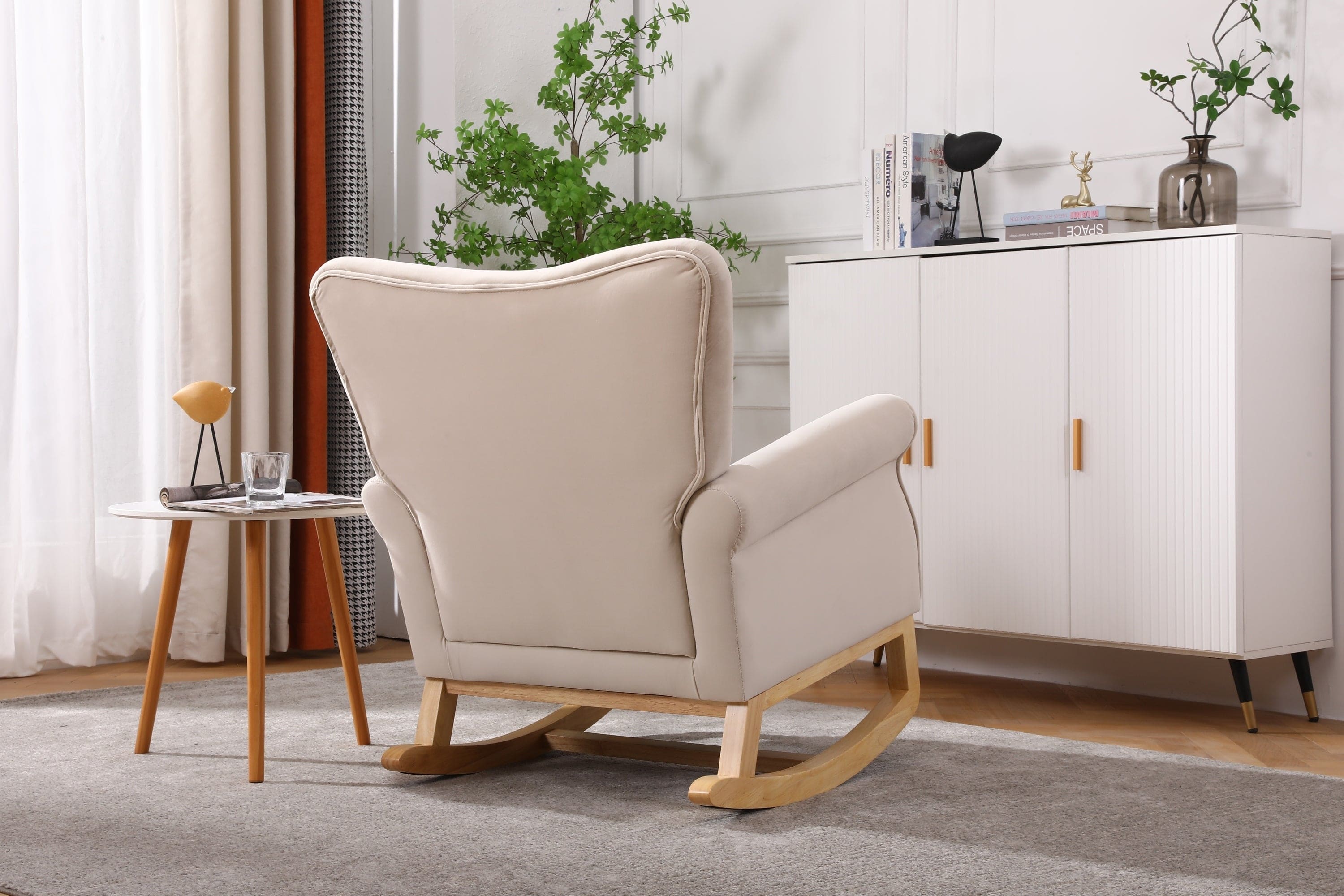 Baby Room High Back Rocking Chair Nursery Chair , Comfortable Rocker Fabric Padded Seat ,Modern High Back Armchair