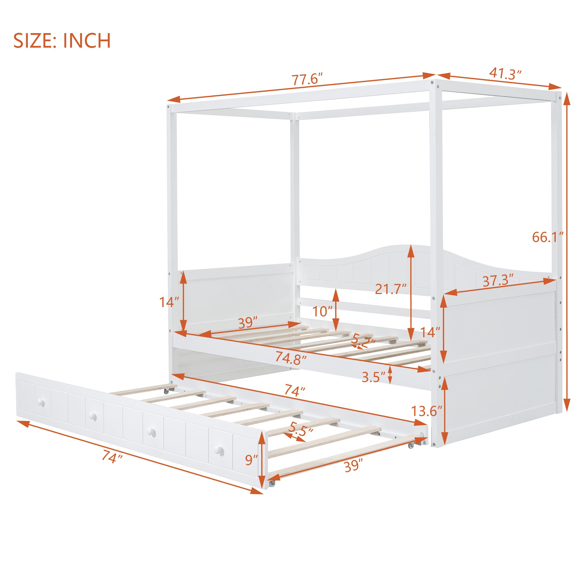 Twin Size Canopy Day Bed with twin size Trundle, White