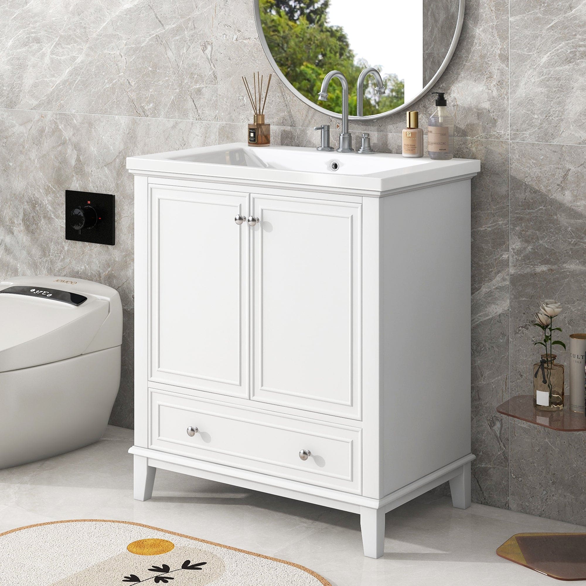 30" Bathroom Vanity with Sink Combo, Multi-functional Bathroom Cabinet with Doors and Drawer, Solid Frame and MDF Board, White