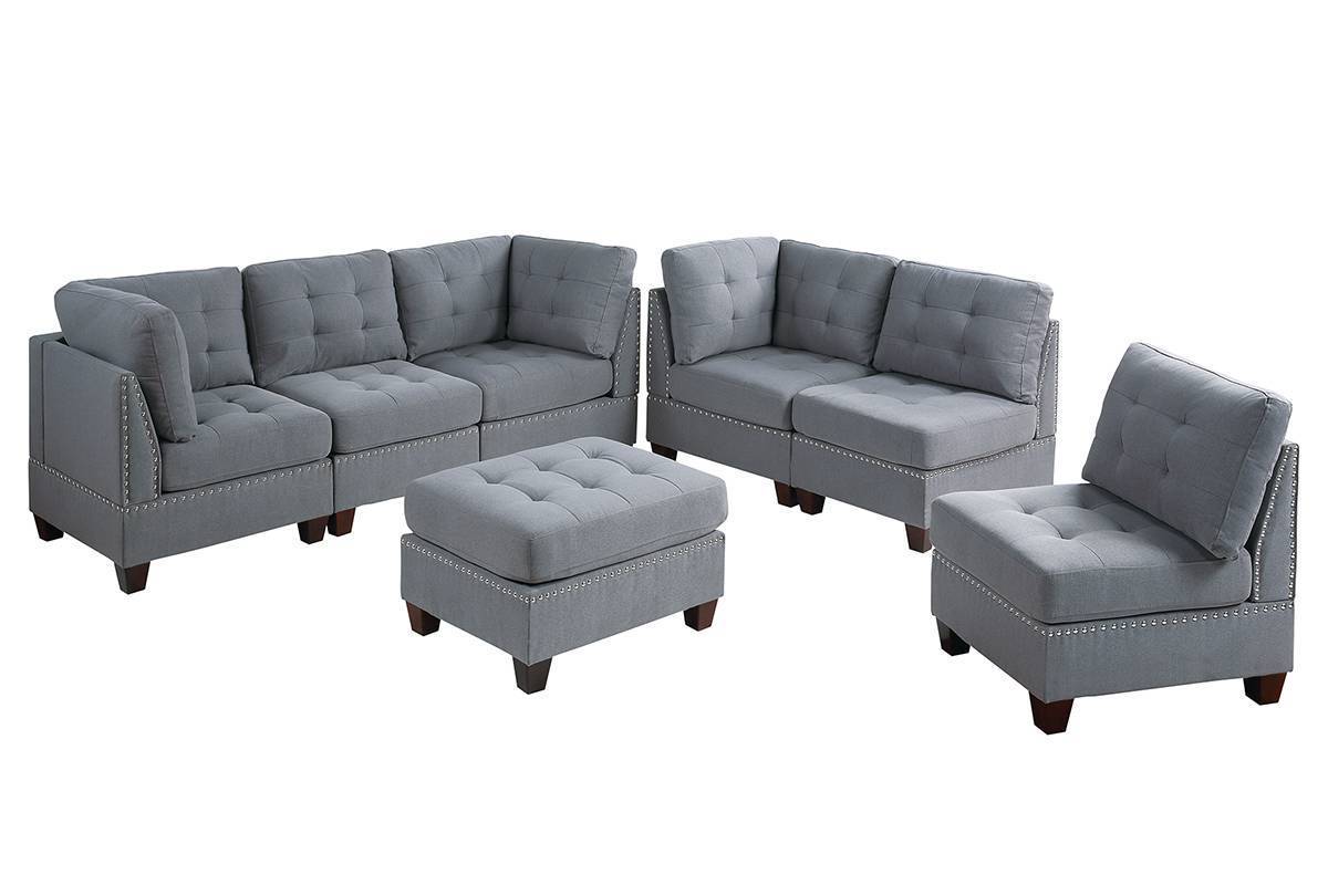 Living Room Furniture Tufted Ottoman Grey Linen Like Fabric 1pc Ottoman Cushion Nail heads Wooden Legs