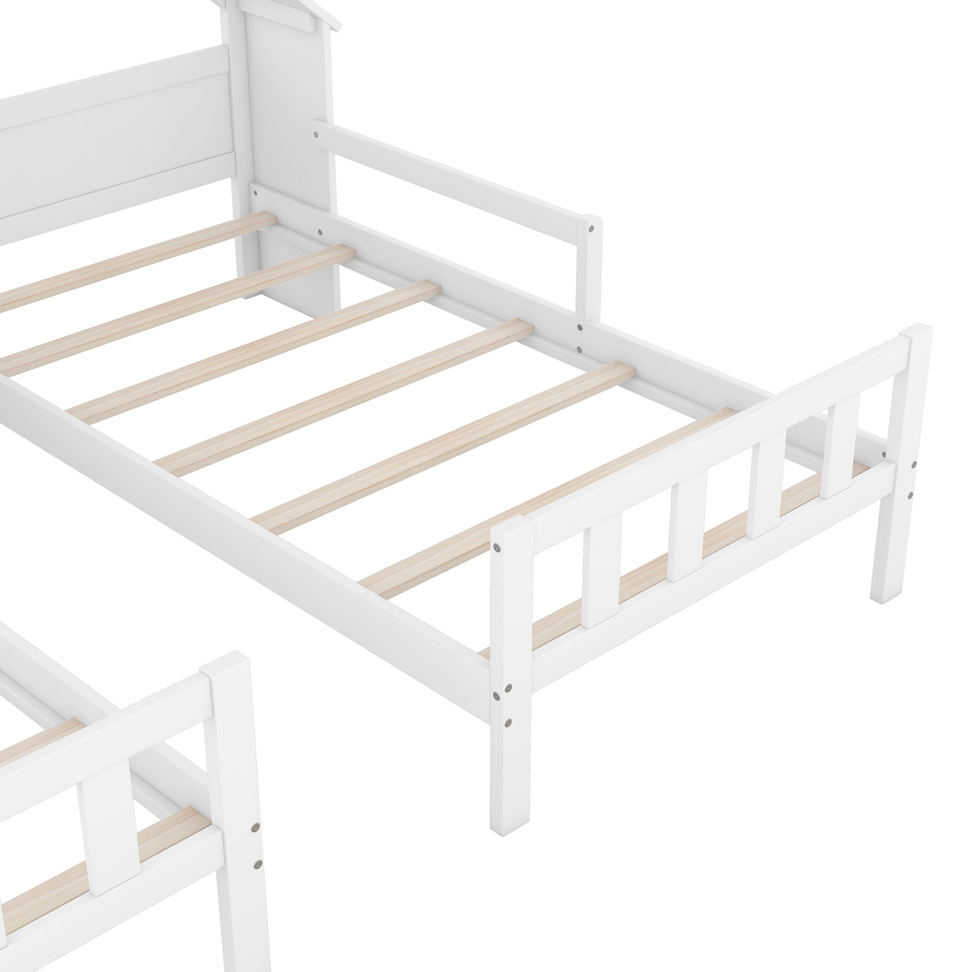 Double Twin Size Platform Bed with House-shaped Headboard and a Built-in Nightstand, White