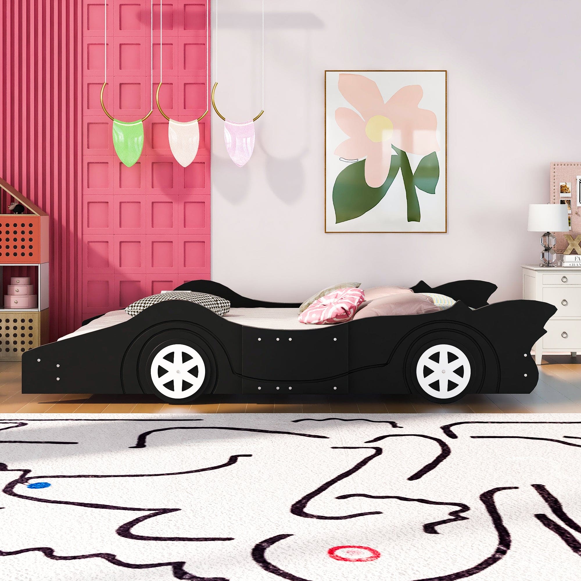 Full Size Race Car-Shaped Platform Bed with Wheels,Black