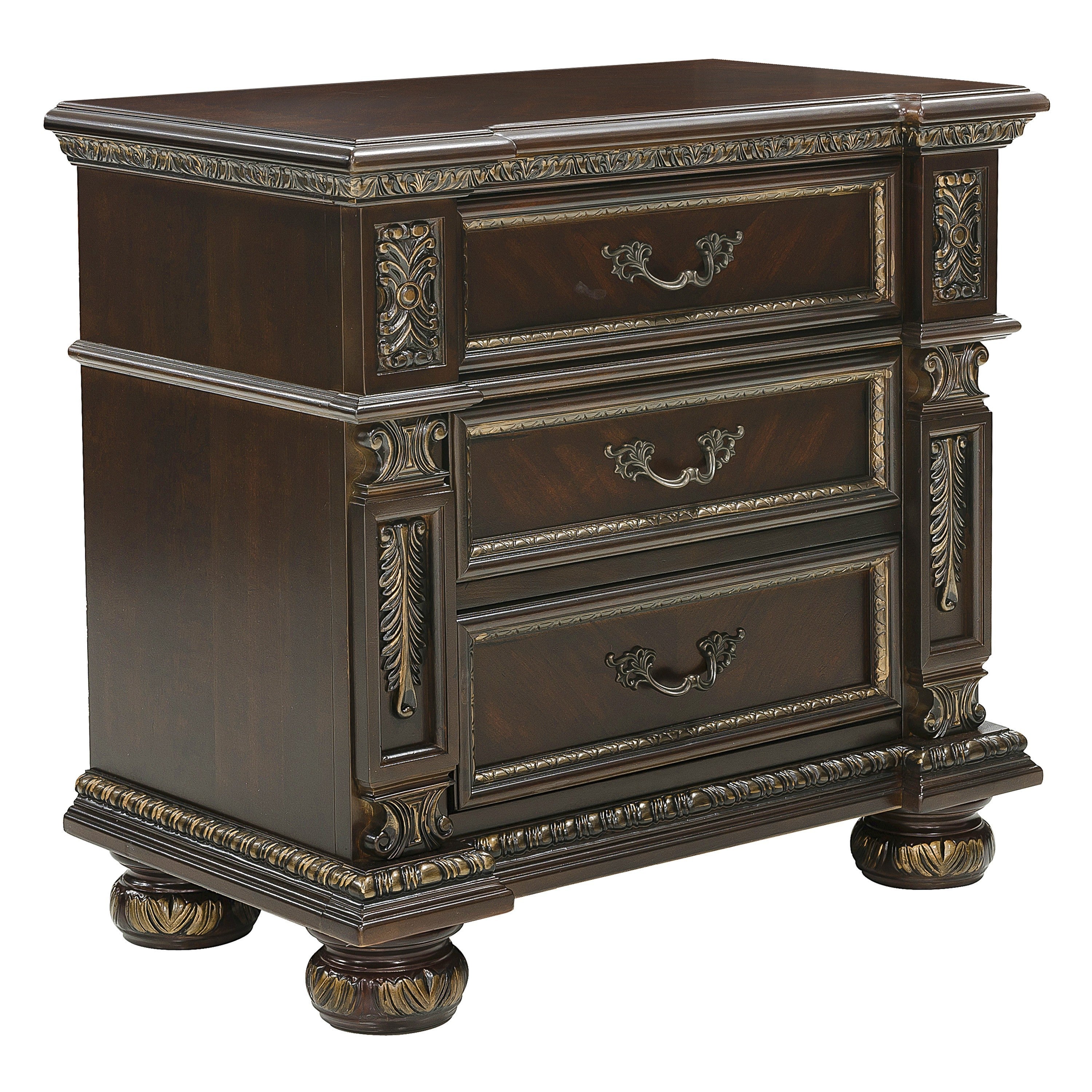 Traditional Design Dark Cherry Finish with Gold Tipping 1pc Nightstand of 3x Drawers Formal Style Bedroom Furniture