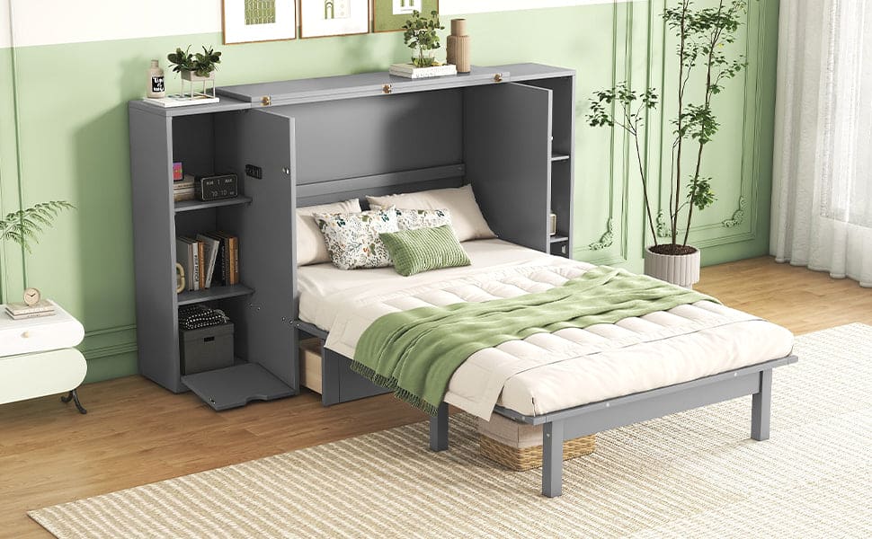 Queen Size Murphy Bed with Shelves, Drawers and USB Ports,Gray