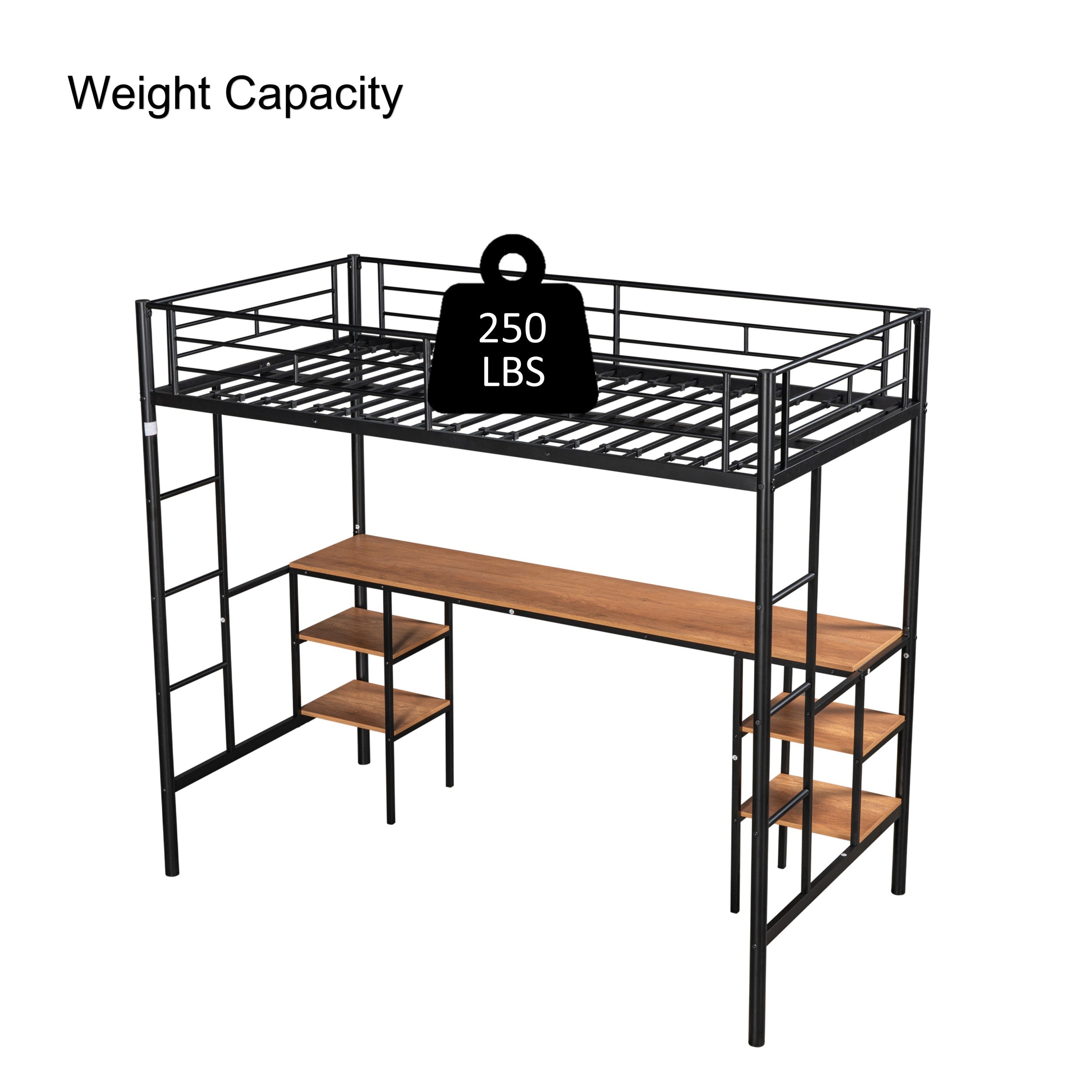 Twin-size Loft Bed with Table & Shelves/ Heavy-duty Sturdy Metal/ Built-in Table & Shelves/ Noise Reduced/ Safety Guardrail/ 2 Side Ladders/ CPC Certified/ No Box Spring Needed