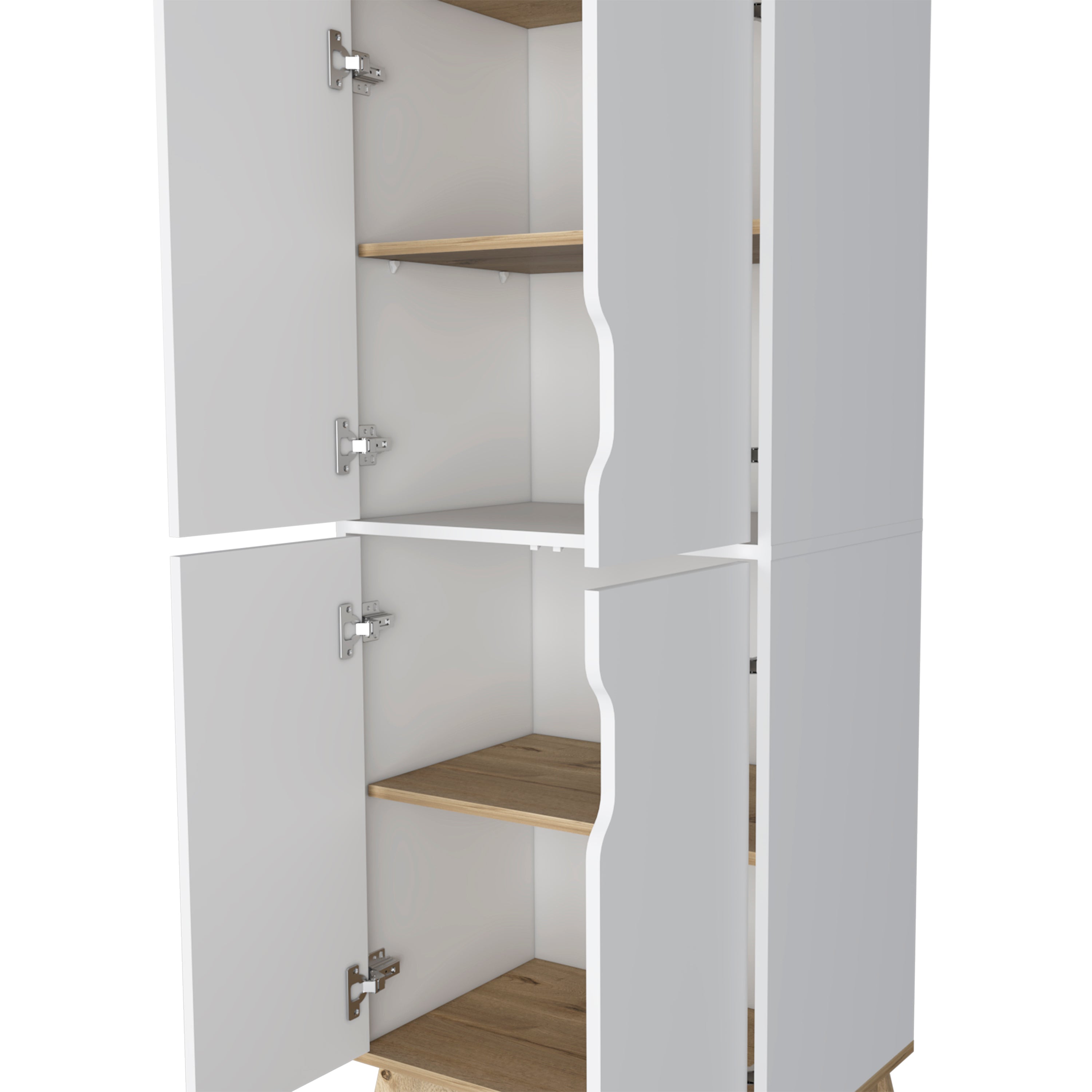 Double Kitchen Pantry Wallas, Double Door, Four Legs, Four Shelves, Light Oak / White Finish