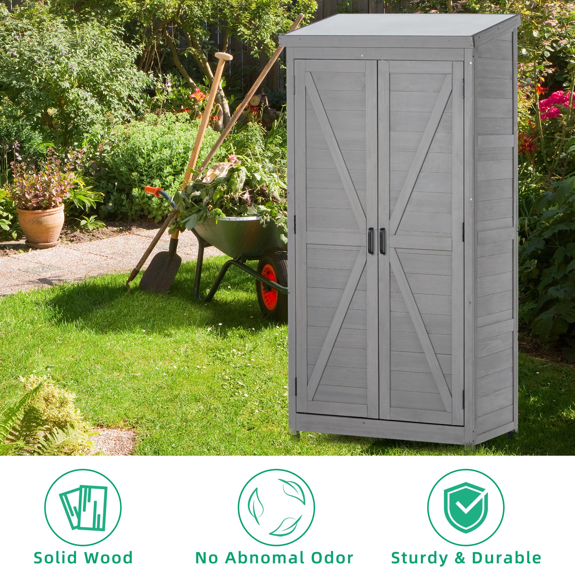 Outdoor Storage Cabinet and Metal Top,Garden Storage Shed,Outdoor 68 Inches Wood Tall Shed for Yard and Patio