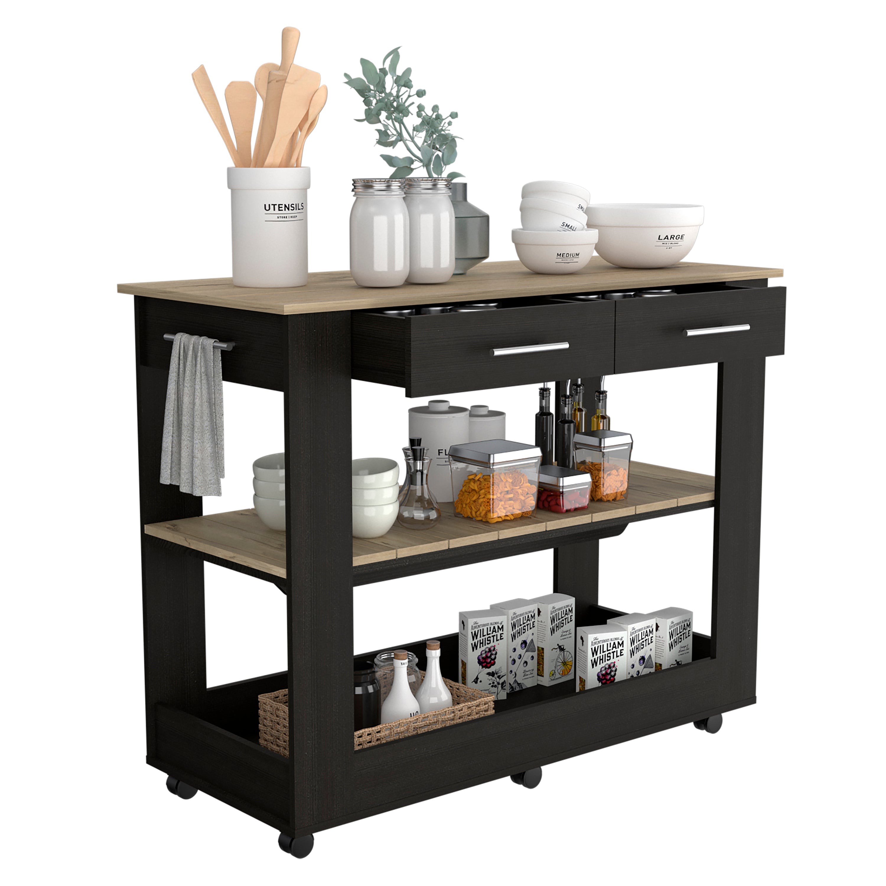 Cala Kitchen Island 46,  Six Casters, Two Drawers, Lower Open Shelf  -Black / Light Oak