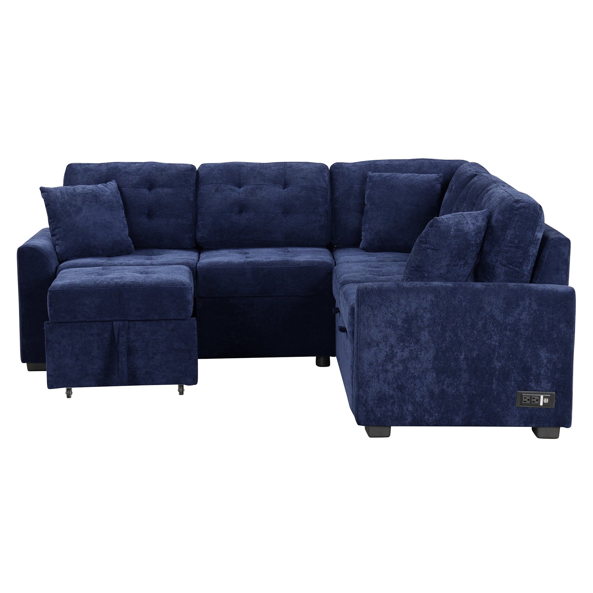 82.6" L-shape Sofa Bed Pull-out Sleeper Sofa with Wheels, USB Ports, Power Sockets for Living Room, Navy Blue