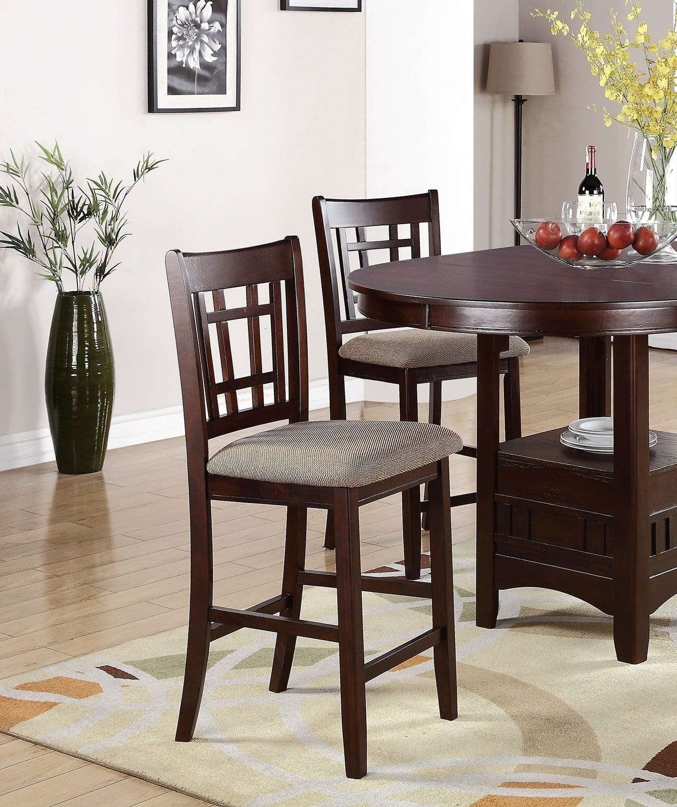 Contemporary Dining Room Counter height 5pc Dining Set Round Table w Leaf & 4x Side Chairs Dark Rosy Brown Finish Solid wood