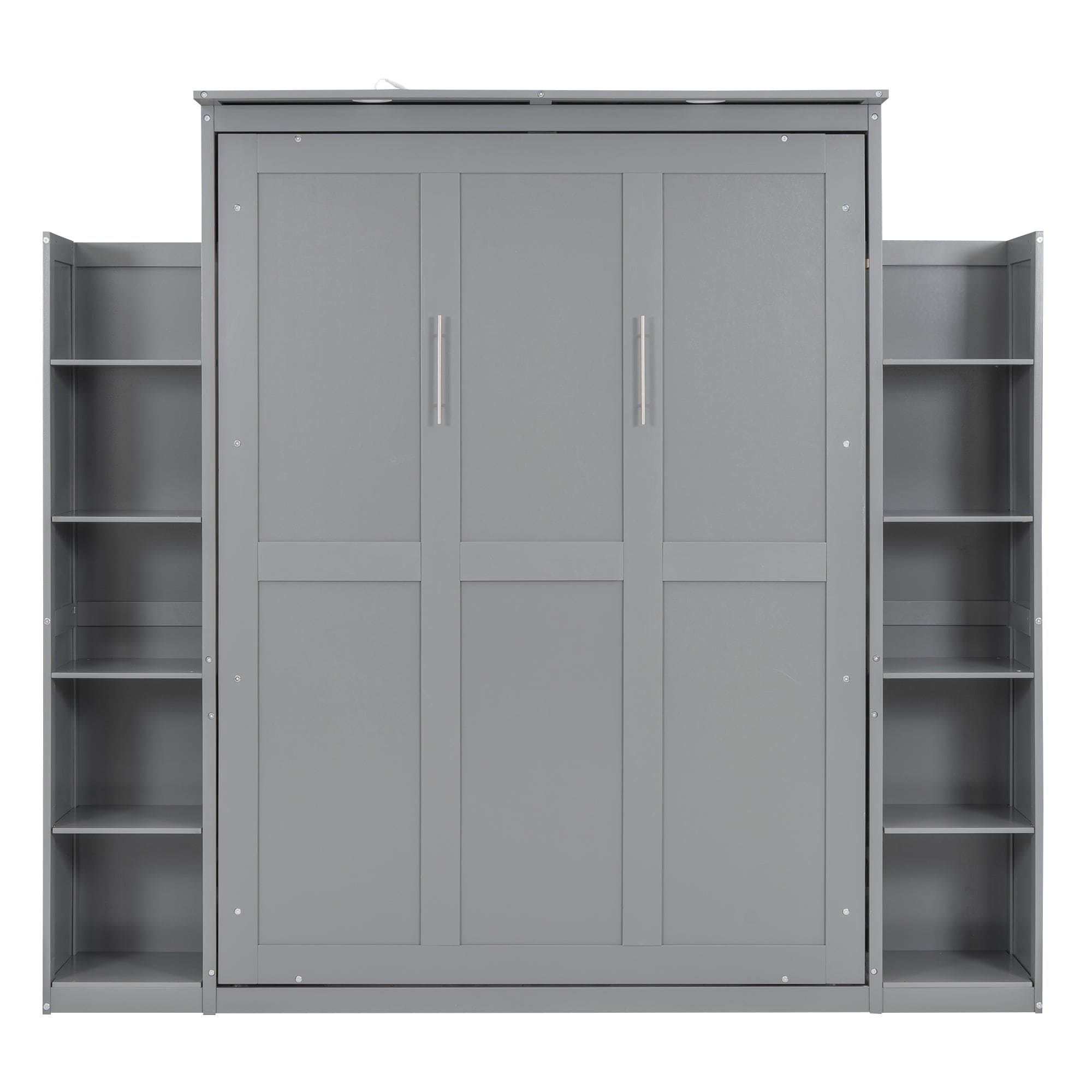 Full Size Murphy Bed Wall Bed with Shelves and LED Lights,Gray