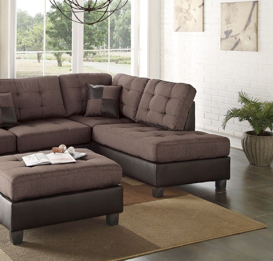 Sectional Sofa Chocolate Polyfiber Cushion Tufted Reversible 3pc Sectional Sofa, Chaise  Ottoman Living Room Furniture