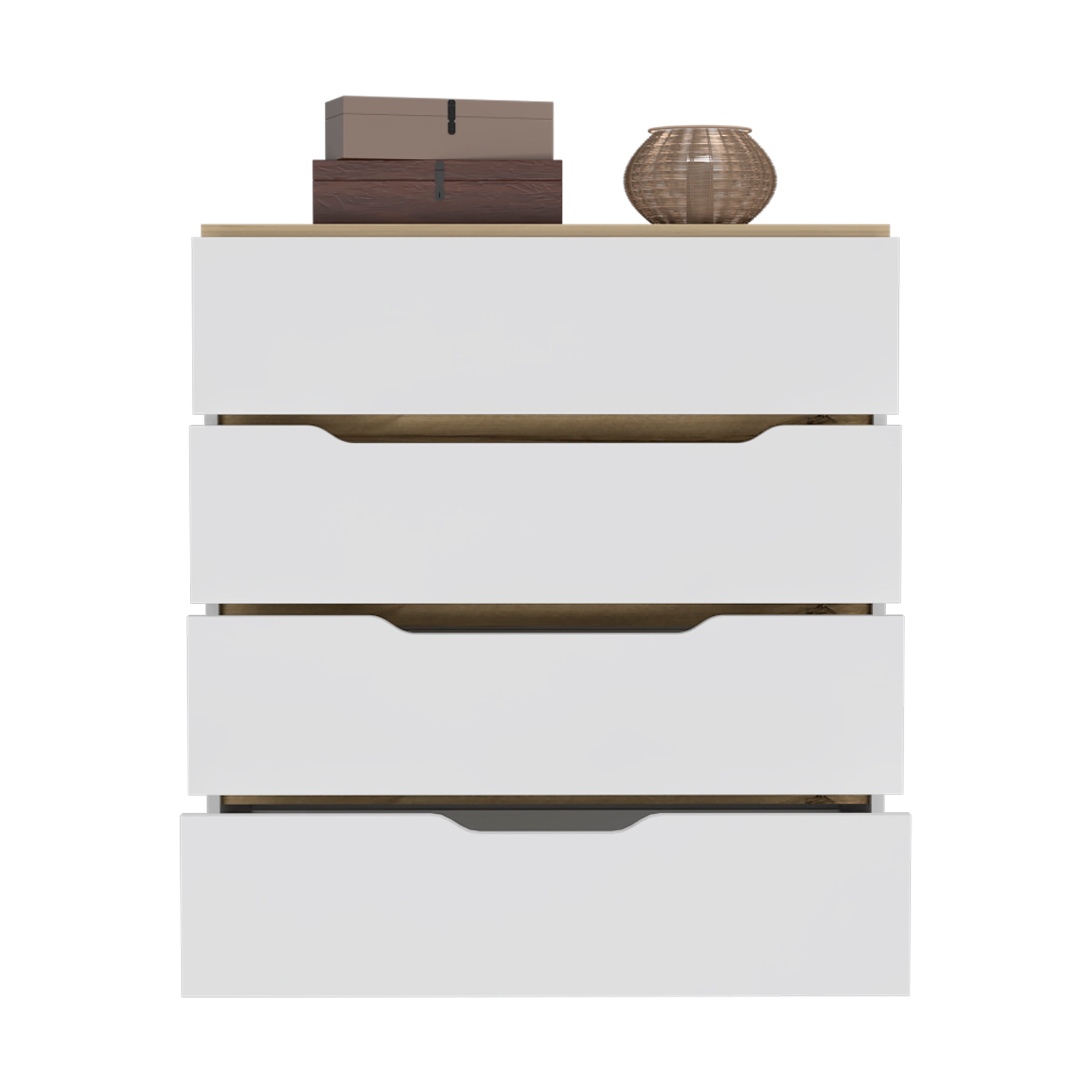 Dresser Oboe, Superior Top, Four Drawers, White / Light Oak Finish