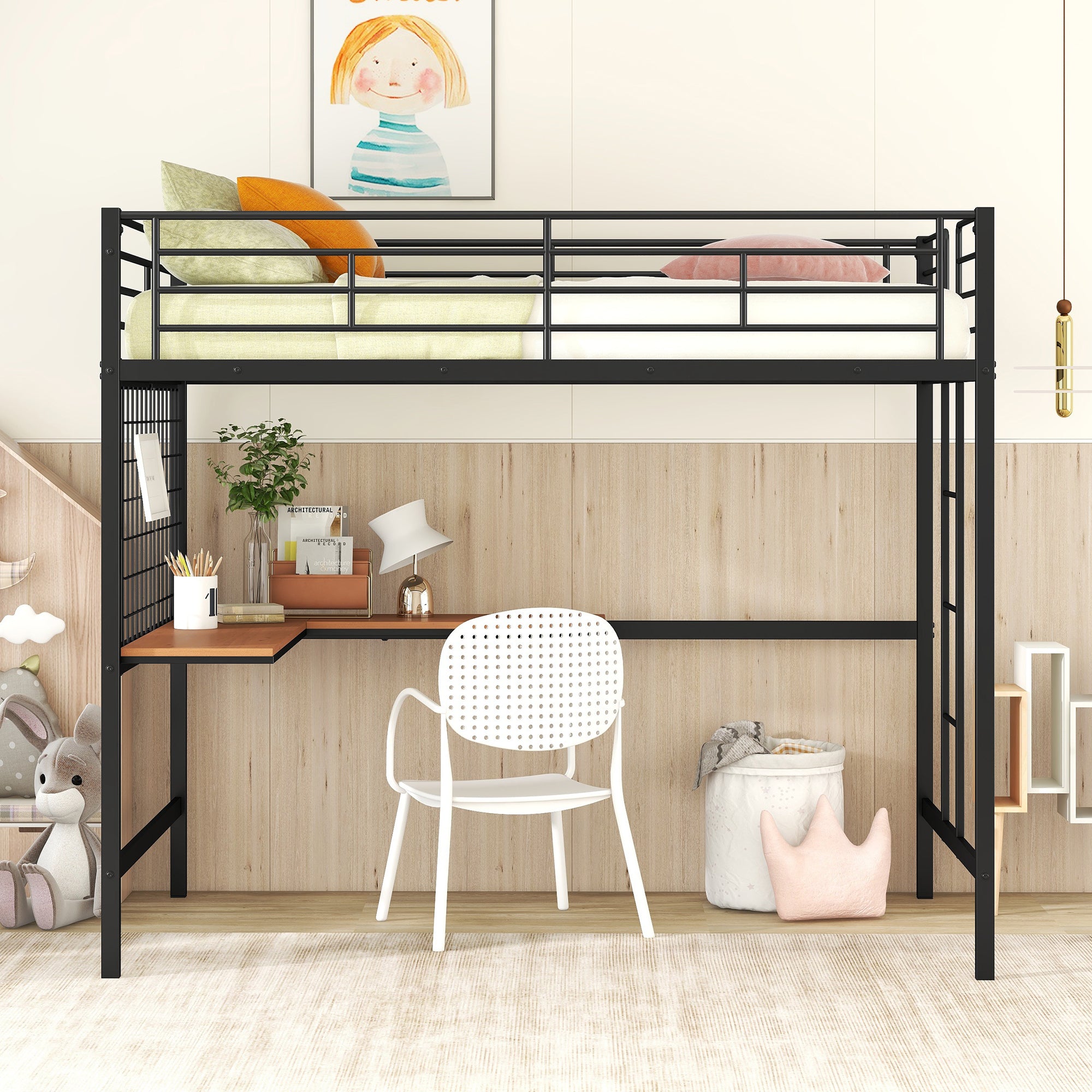 Full Metal Loft Bed with Desk and Metal Grid, Black