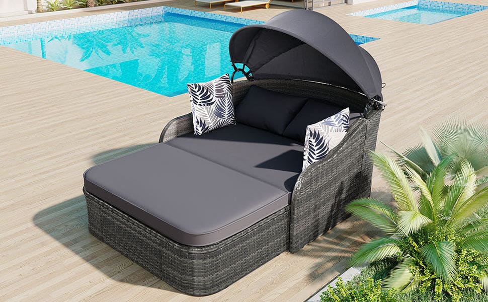 GO 79.9" Outdoor Sunbed with Adjustable Canopy, Double lounge, PE Rattan Daybed, Gray Wicker And Cushion