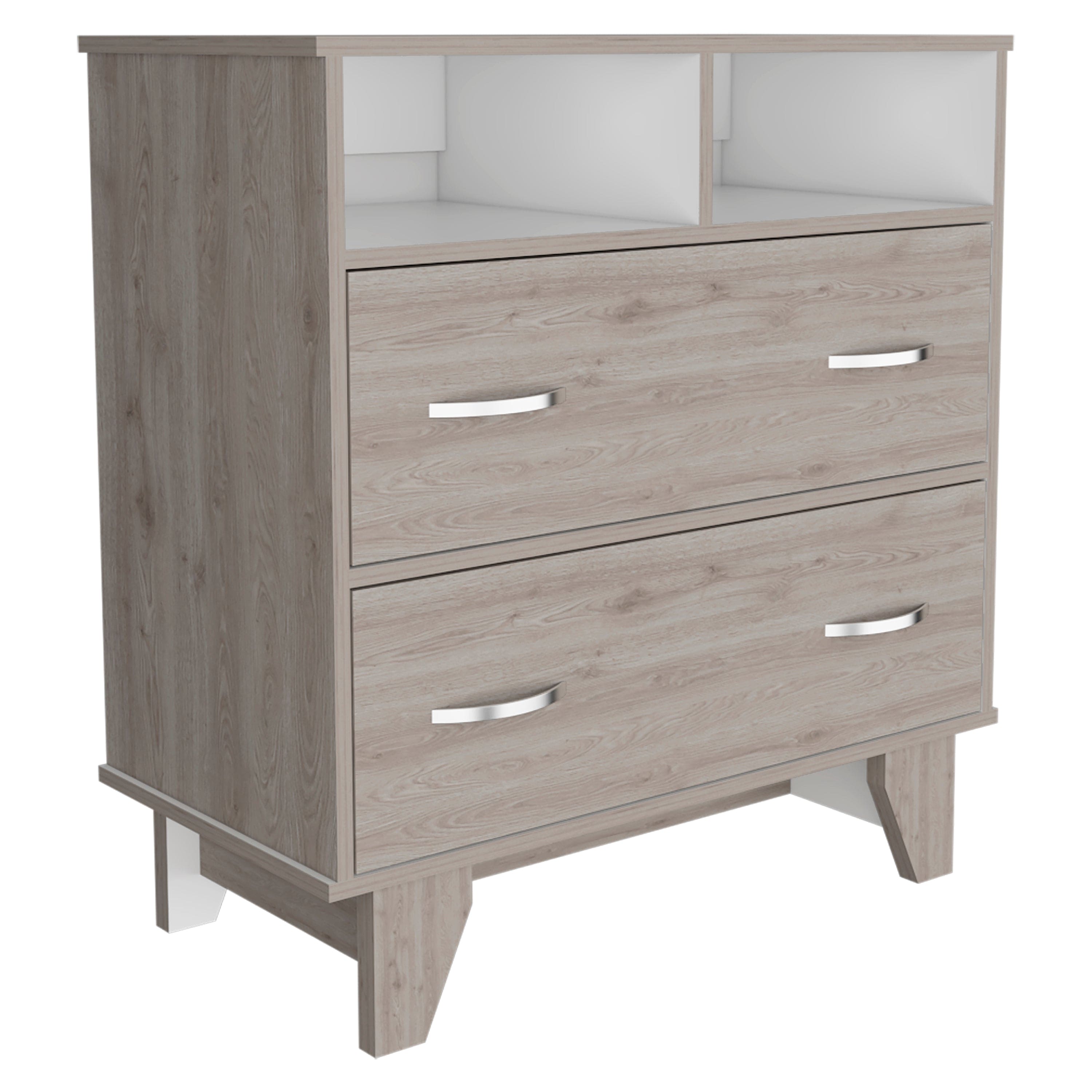 Portanova Two Drawer Dresser, Two Open Shelves, Superior Top,  Four Legs -Light Gray / White