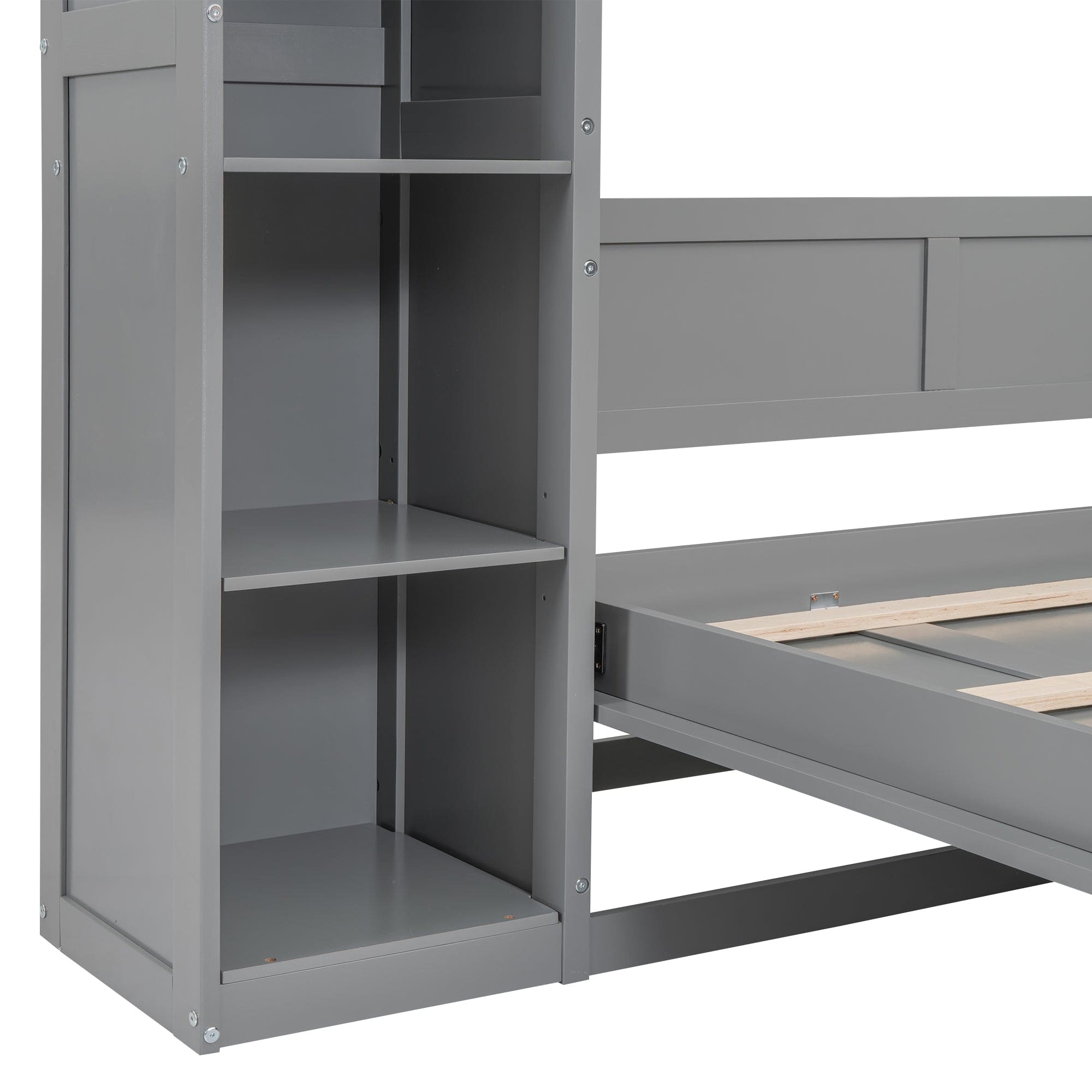 Full Size Murphy Bed Wall Bed with Shelves and LED Lights,Gray