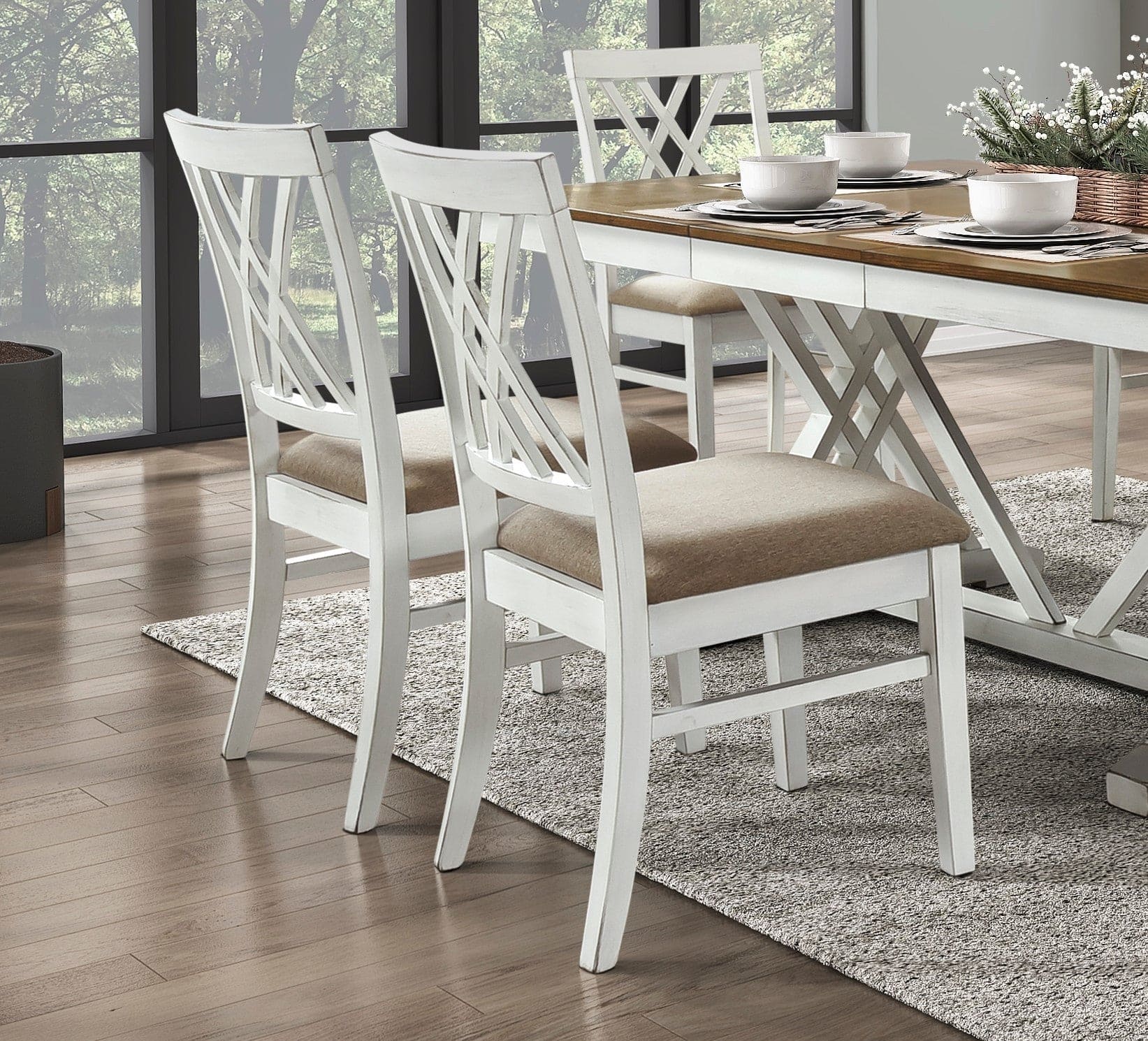 Modern Style White and Oak Finish 7pc Dining Set Table w Extension Leaf 6x Side Chairs Upholstered Seat Charming Traditional Dining Room Furniture