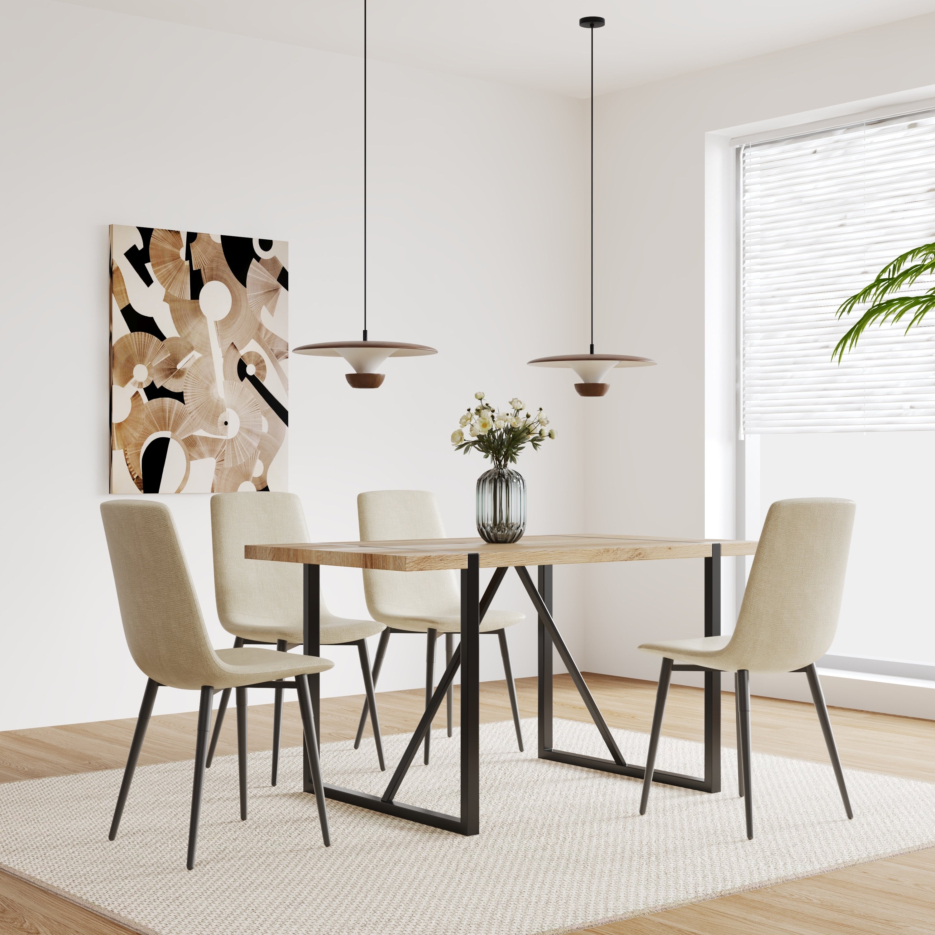 MDF Wood Colour Dining Table and Modern Dining Chairs Set of 4, Mid Century Wooden Kitchen Table Set, Metal Base & Legs, Dining Room Table and Linen Chairs