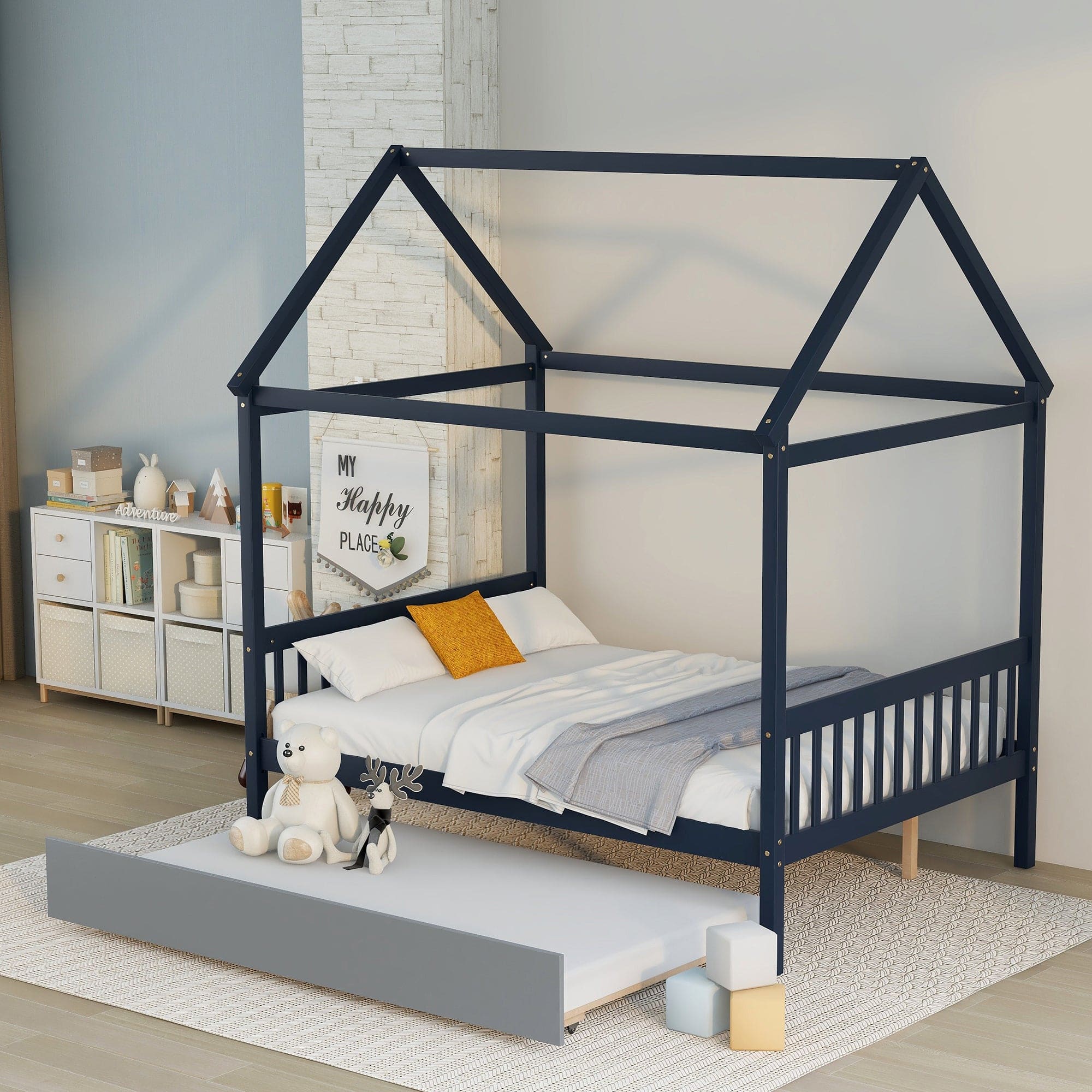 NAVY BLUE HOUSE FULL BED WITH TRUNDLE OF GREY COLOR