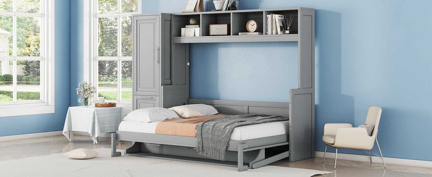 Full Size Murphy Bed Wall Bed with Closet and Drawers,Gray