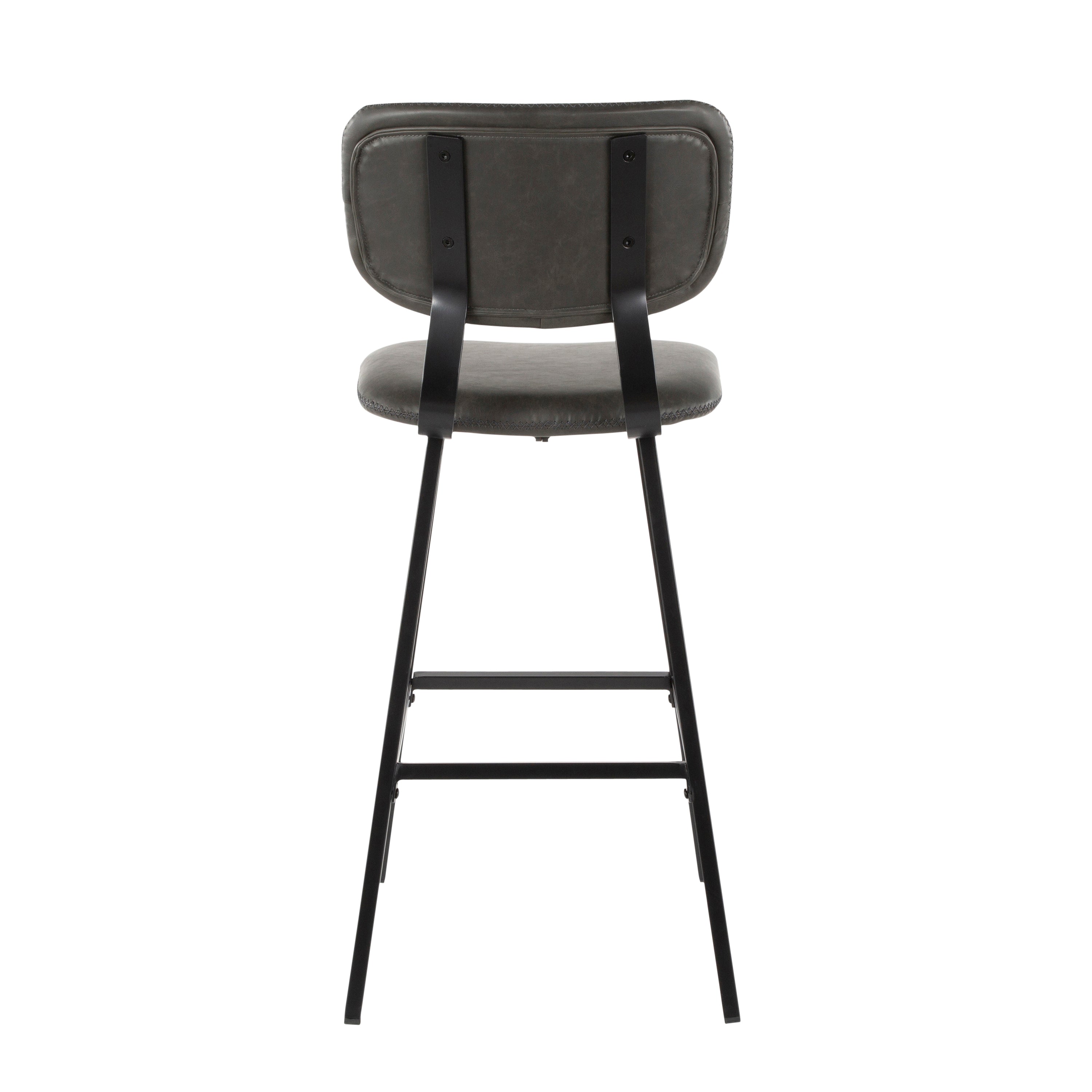 Foundry Contemporary Barstool in Black Metal and Grey Faux Leather with Grey Zig Zag Stitching by LumiSource - Set of 2