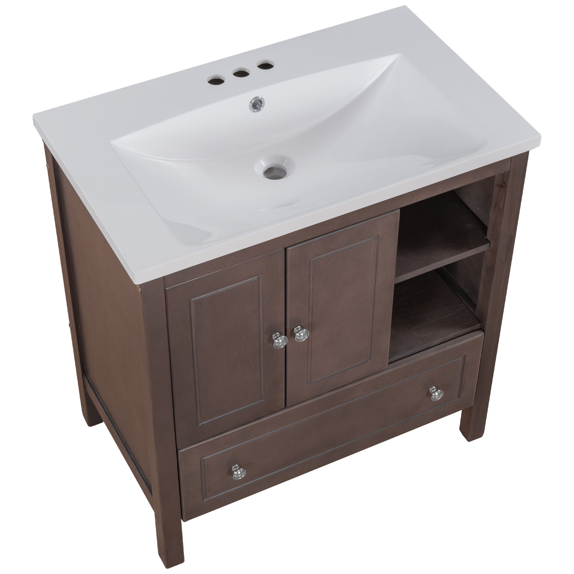 [VIDEO] 30" Bathroom Vanity with Sink, Bathroom Storage Cabinet with Doors and Drawers, Solid Wood Frame, Ceramic Sink, Brown (OLD SKU: JL000002AAD)