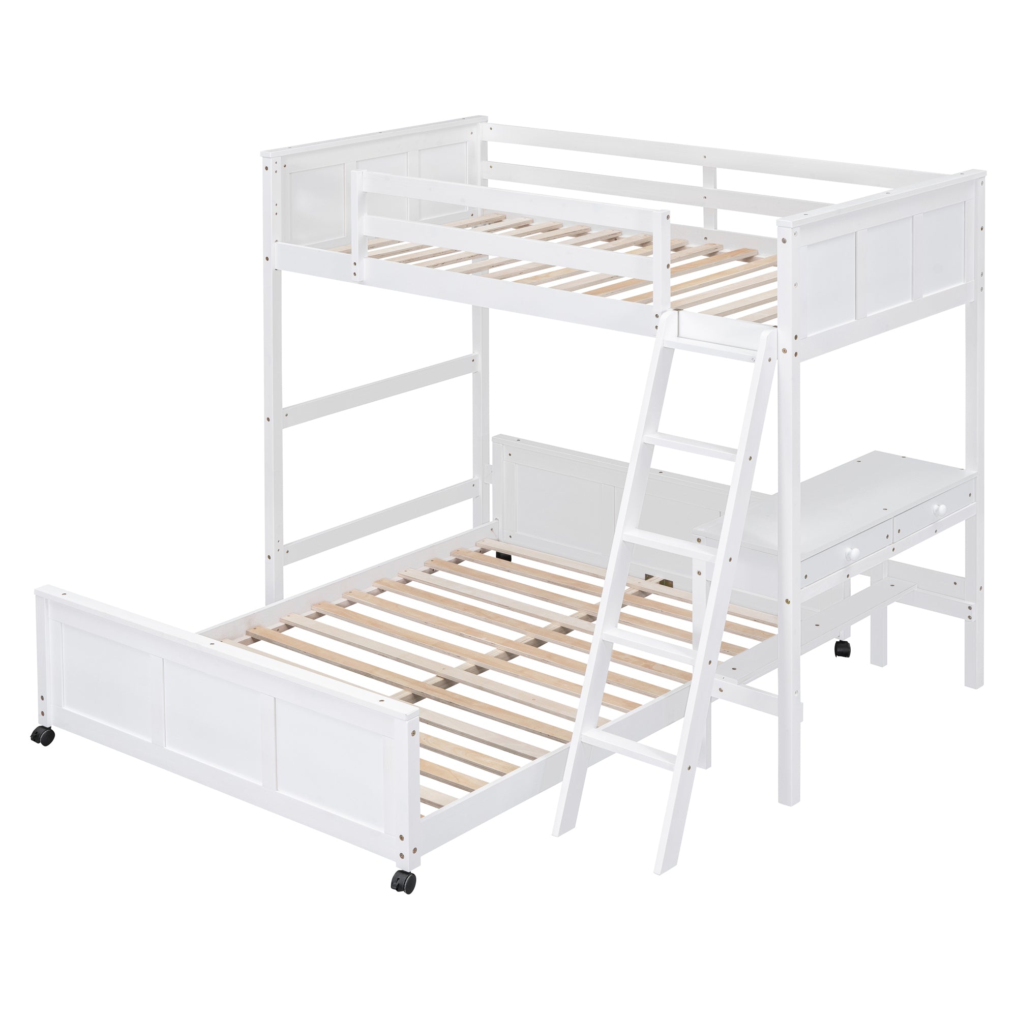 Twin Over Full Bunk Bed with Desk, White