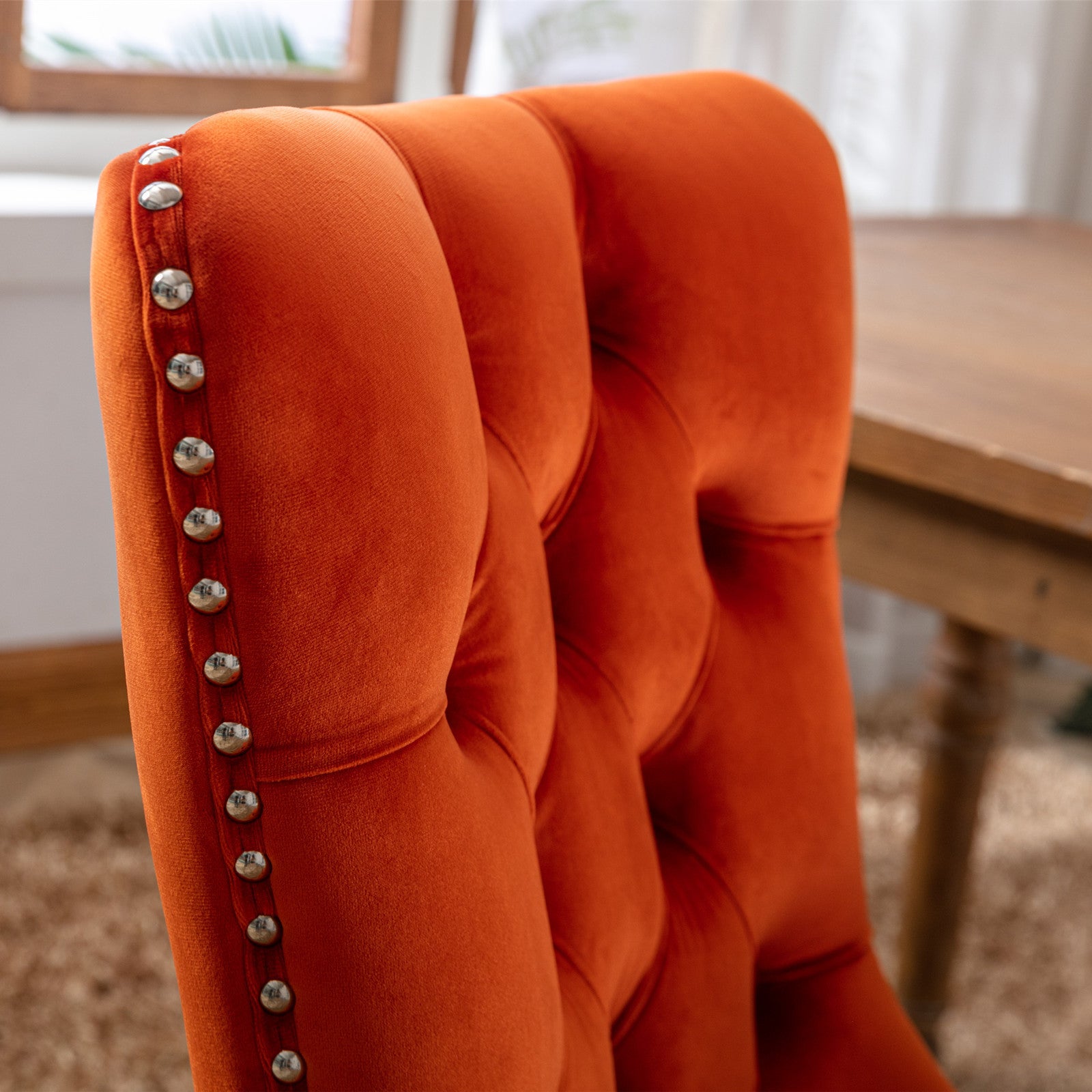 Nikki Collection Modern, High-end Tufted Solid Wood Contemporary Velvet Upholstered Dining Chair with Wood Legs Nailhead Trim 2-Pcs Set, Orange, SW2001OG