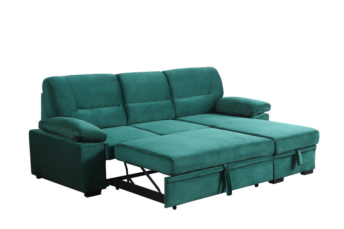 Kipling Green Velvet Fabric Reversible Sleeper Sectional Sofa Chaise