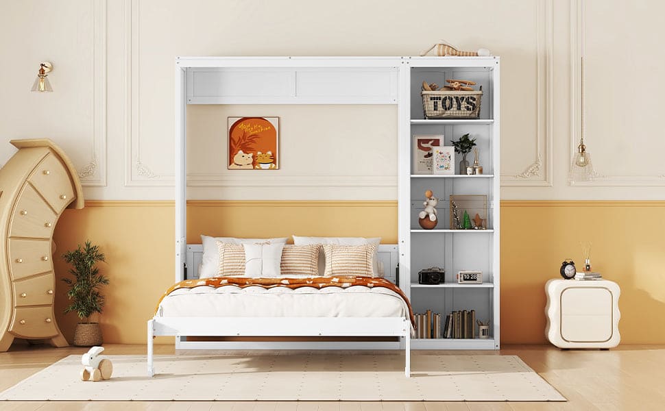 Full Size Murphy Bed Wall Bed with Shelves,White