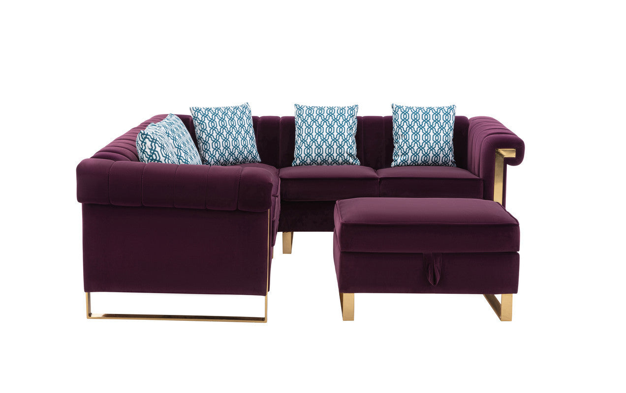 Maddie Purple Velvet 5-Seater Sectional Sofa with Storage Ottoman